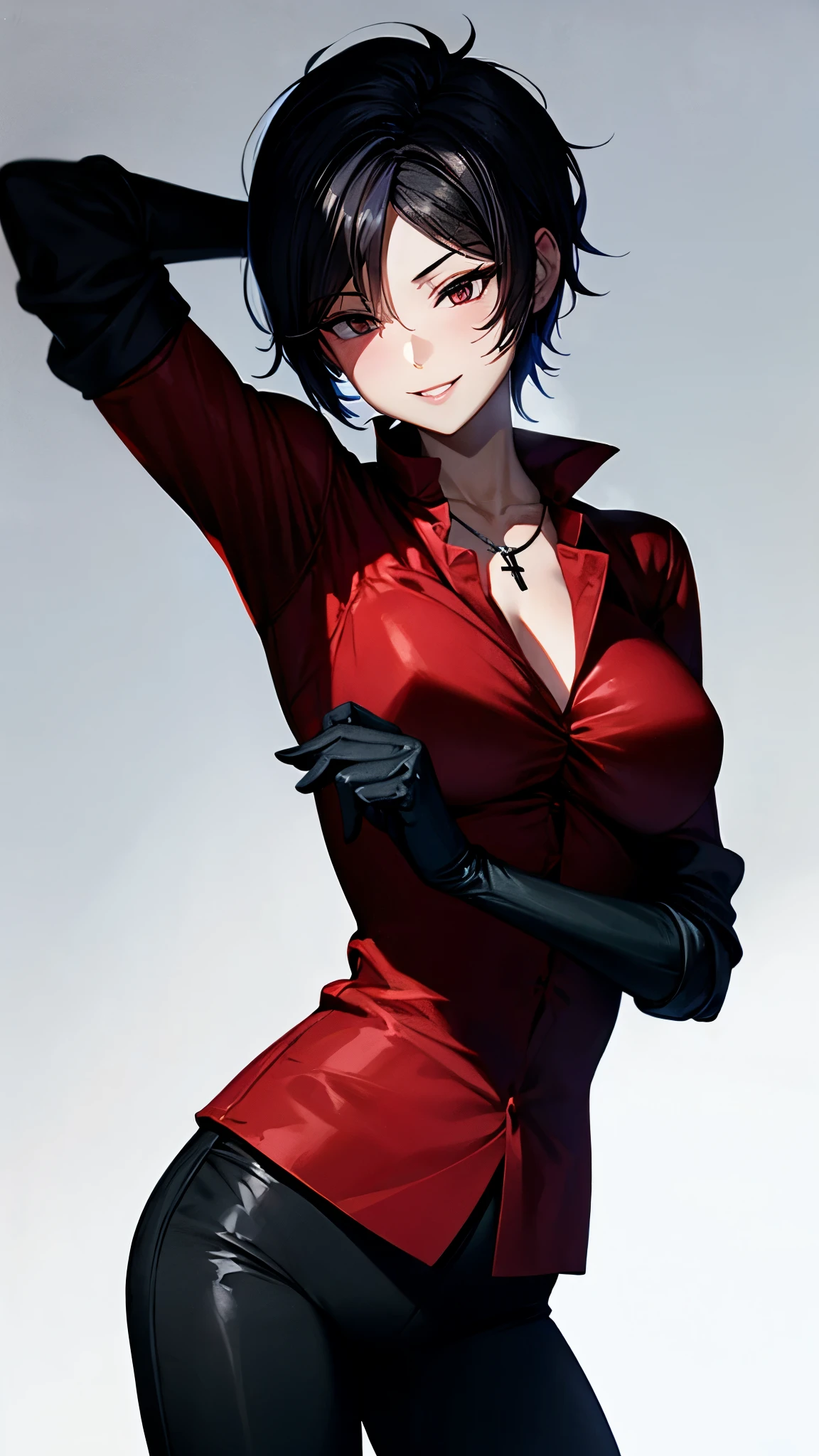 （ super quality, ultra high resolution with forest background,16k,super masterpiece,Ultra HD ,Detailed shading and background,）sexy,Photographing the upper body,Short, straight, black hair ,（A red shirt suit that has been unbuttoned, spread wide, and stood straight,Folded sleeves, black long gloves,Tight black pants, black long boots ,） cross necklace, provocative smile ,Thick lips,Neon city at night,