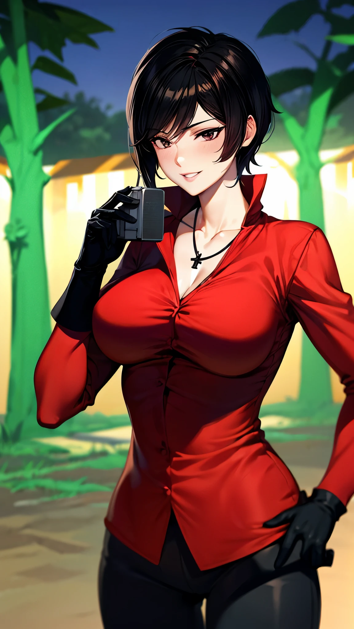 （ super quality, ultra high resolution with forest background,16k,super masterpiece,Ultra HD ,Detailed shading and background,）sexy,Photographing the upper body,Short, straight, black hair ,（A red shirt suit that has been unbuttoned, spread wide, and stood straight,Folded sleeves, black long gloves,Tight black pants, black long boots ,） cross necklace, provocative smile ,Thick lips,Neon city at night,