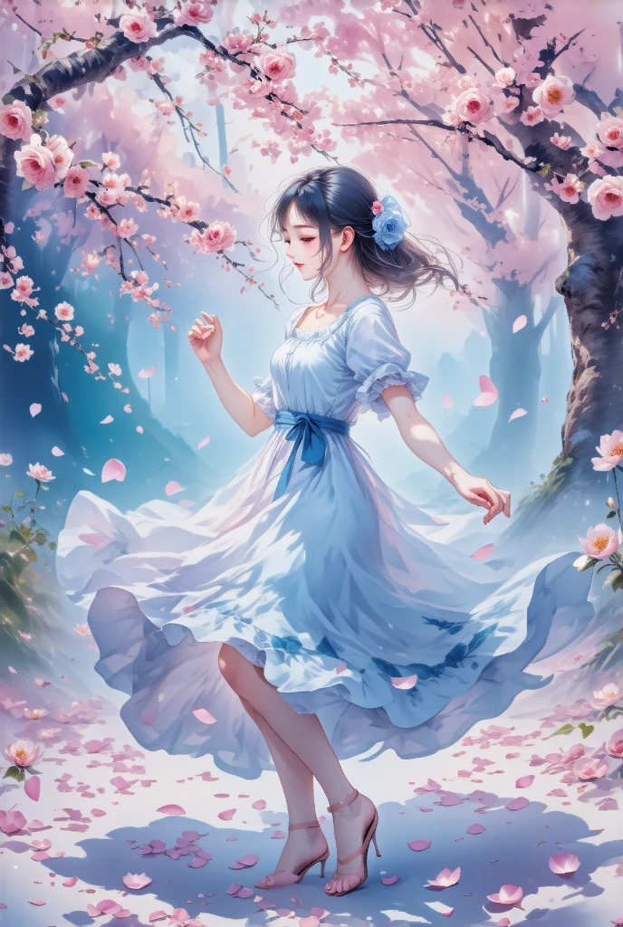 masterpiece，，1 Girl，Normal fingers， wearing a white dress ，dance，whole body， Under the cherry trees， The ground is covered with rose petals， Cherry blossom petals float in the air ， Depth of Field，Backlight，Light particles flutter ， lighting effects ，8K