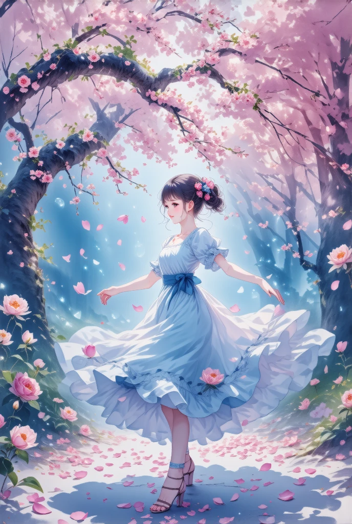 masterpiece，，1 Girl，Normal fingers， wearing a white dress ，dance，whole body， Under the cherry trees， The ground is covered with rose petals， Cherry blossom petals float in the air ， Depth of Field，Backlight，Light particles flutter ， lighting effects ，8K