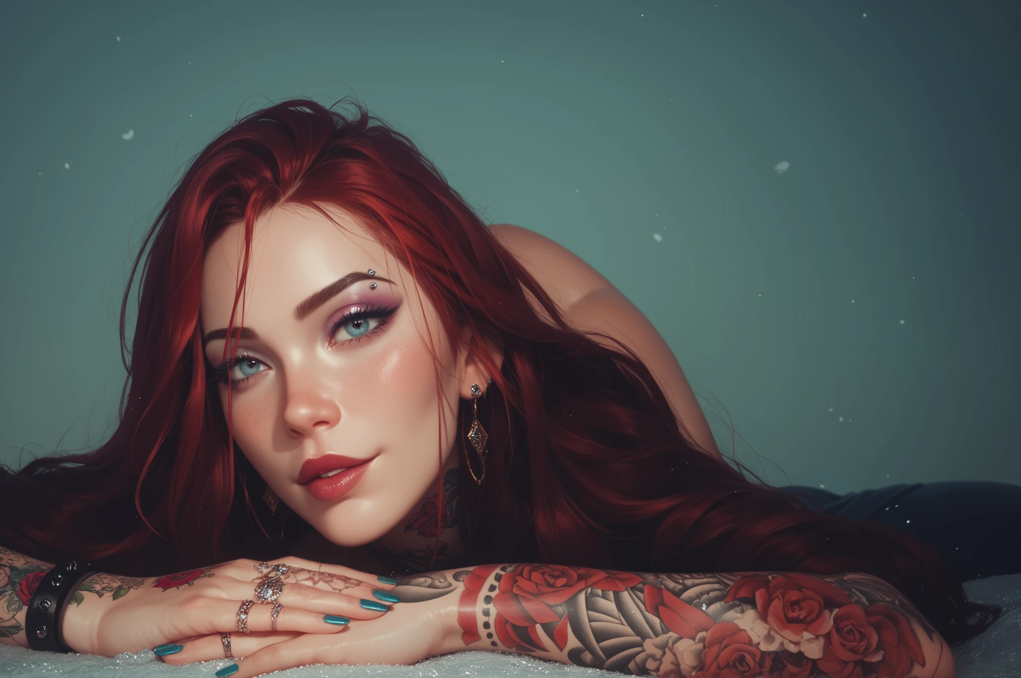 Chica realista, pelo ginger, ojos azules, tatuajes, swimming suit