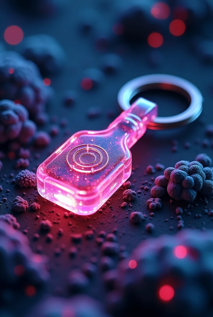 luminous key chain, microscopic view,illustration,highres,ultra-detailed,sharp focus,vivid colors,studio lighting,magnified view,shining light,macro lens,molecular structure,translucent,glowing,miniature,neon glow