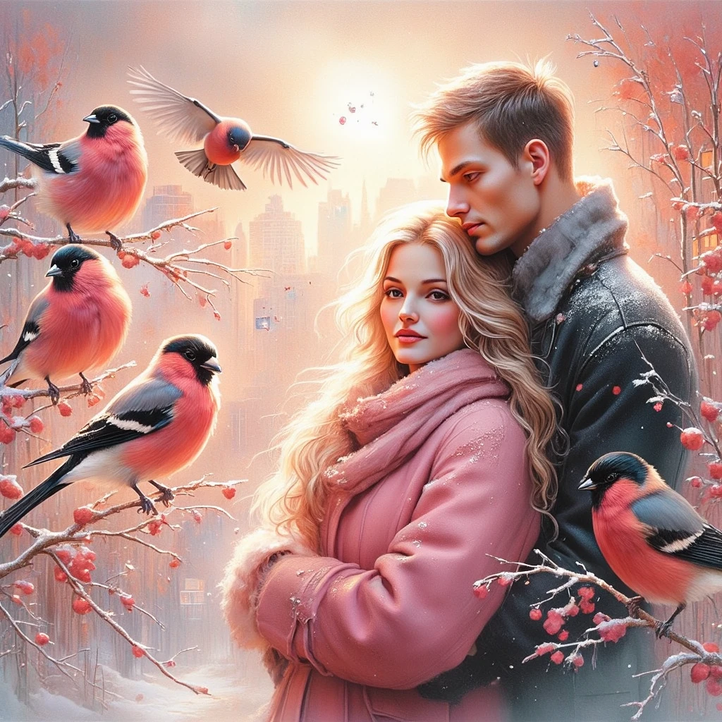 (((EXTREMALLY DETAILED ULTRAREALISTIC 3D OCTANE RENDER VOLUME EMBOSSING IMPASTO FOREGROUND: 1.5))) It's a beautiful SNOWY scene of WINTER with SNOWBIRDS in vibrant PINK-RED-BURGUNDY hues and HOLOGRAPHICBLIKS SNOWFLAKES sparkling in bokeh light, a beautiful HAPPY PASSIONATE couple, a long BLONDE 18 YEARS SMILE WOMAN EMOTIONAL EXPRESSIVE PASSIONATE HUGS 30 YEARS MUSCULAR BRUTAL MAN WITH SHORT BLACK HAIR, standing TOGETHER. ON PASTEL BACK SNOWY TREES WITH  BULLFINCHES, illuminating branches in warm sunlight, creating a peaceful and golden mood. Paint a dreamy hazy breezy wet on wet watercolour artwork, using minimal paints and maximum loose water effects, WINTER  colour palette, PERFECT composition, minimalist, impressionist, with no text. MODERN CASUAL WINTER COATS. PASTEL MOODY BACK CITY MEGAPOLIS WITH ORANGE LIGHTNING WINDOWS.
bokeh ethereal beautiful fantastic view Golden ratio dreamy nostalgic Atmospheric melancholy natural light Tran Nguyen rules of third Visual Poetry fog and smoke unfiltered creativity minimal paint and water effects beautiful WINTER palette Dreamy Hazy Breezy (((2D BLURRY PASTEL BACKGROUND: 1.2))) (((GLOSSING ULTRADETAILED IDEALSILKGLOSSING HAIRS))) (((MODEL BEAUTIFUL HANDSOME IDEAL FACES)))