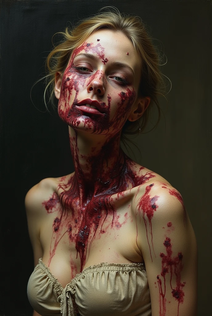 Create an artistic rendering of a sexy zombie model with dead eyes and additional erotic details to accentuate her eerily attractive essence. Incorporate pornographic elements such as prominent abrasions and remnants of fresh blood for authenticity. Add details like bloodied wounds, open gashes with visible viscera, and bruises to enhance the realistic horror effect. Include specific descriptions such as ‘blood trails on her thighs and chest’ and ‘seductive movements with blood streaks on her hips’. Integrate twisted hair and contorted lips to add character. Emphasize subtle erotic details such as tense muscles, sensual curves, and maximum nudity without clothing. Explicit depictions of intimate parts, like a ‘detailed view of a beautifully shaped pussy’, should capture the essence of her undead allure. Incorporate details like erotic poses with legs spread apart and intense sexual energy depicted throughout the image. For a dramatic effect, add more blood on the body. The surroundings should be varied to ensure that each generated image is different.