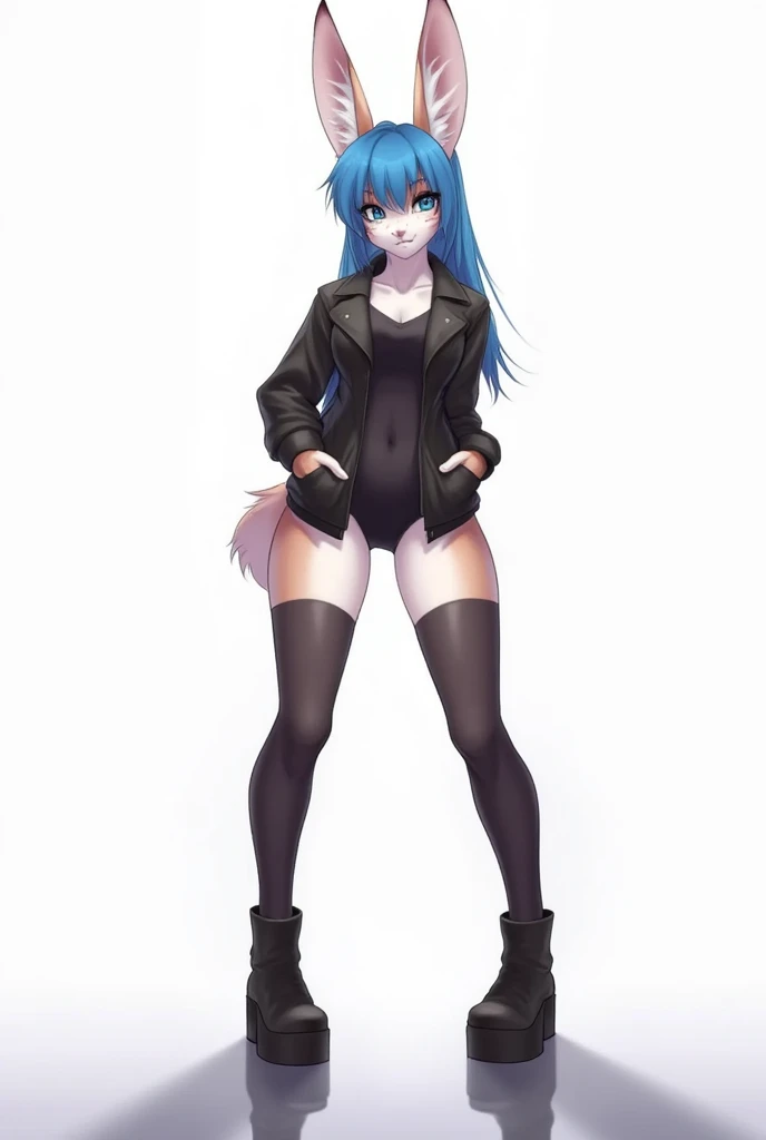 iskra, 1girl, (furry, kemono:1.3), rabbit, rabbit girl, rabbit ears, rabbit face, long hair, very long hair, looking back, blue hair, blue eyes, ass, aqua eyes, hands in pockets, thighs, aqua hair, jacket, boots, thighhighs, high heels, high heel boots, platform footwear, knee boots, shorts, belt, long sleeves, black panties, looking at viewer, standing, solo, full body, from below, from behind, white background, simple background, clothes writing, black footwear, leather, black thighhighs, reflective floor, black jacket, belt boots, skindentation, leather jacket, black shorts, platform boots