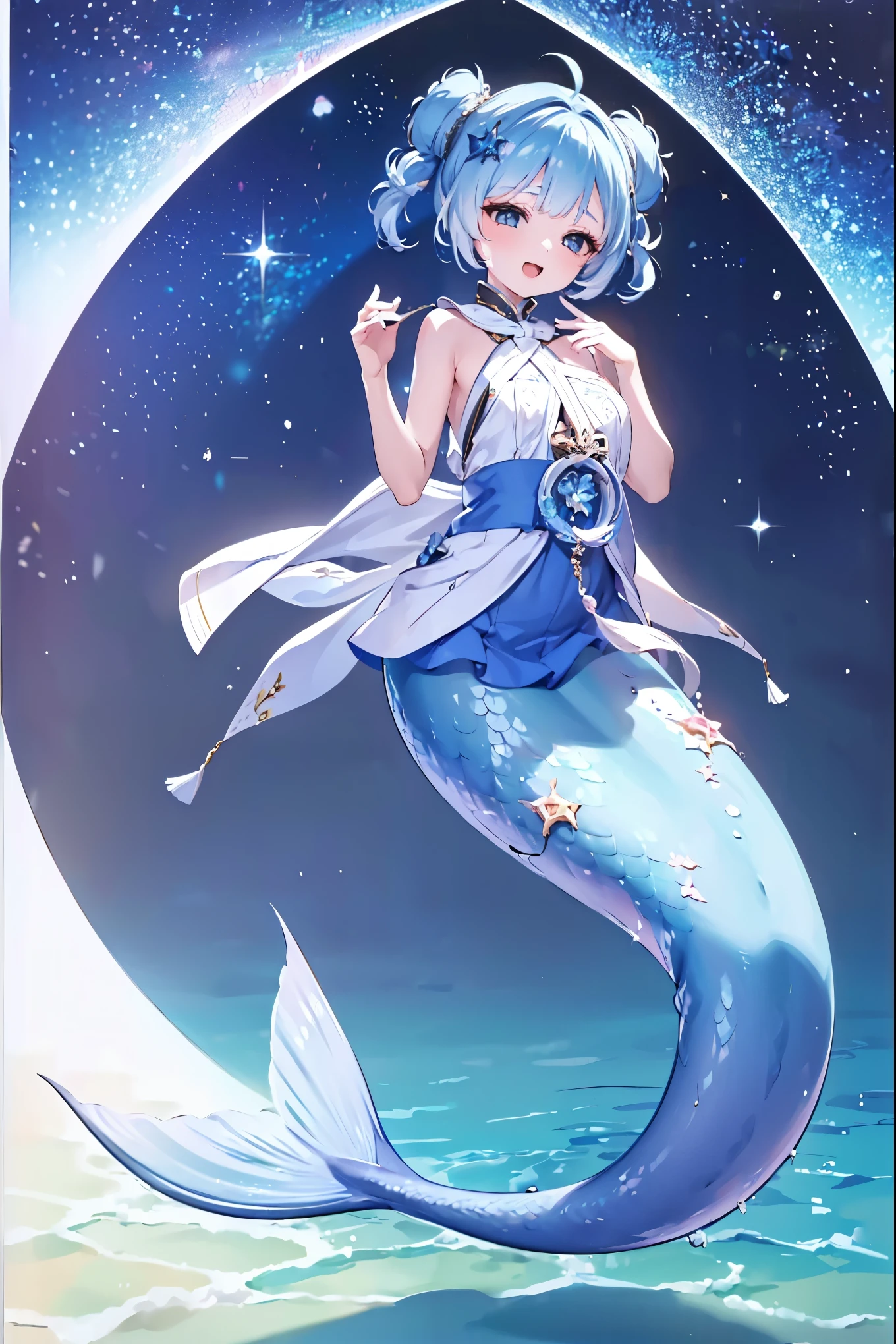 (masterpiece, best quality),(Full five fingers), a girl ,Hair accessories, alone ,Mermaid,蓝色的Mermaid尾巴,Full body photo, Night Scene,Smile,(Underwater:1.2),charming face(Kawaii, charming,Soft),Open your mouth,Sing