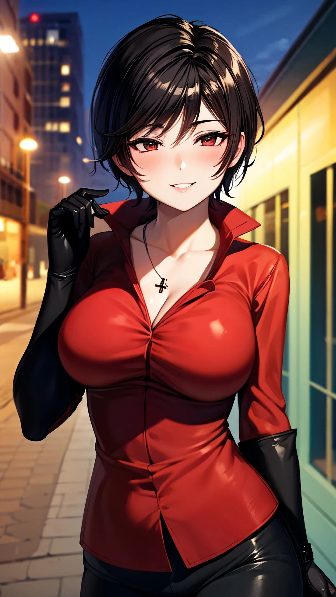 （ super quality, ultra high resolution with forest background,16k,super masterpiece,Ultra HD ,Detailed shading and background,）sexy,Photographing the upper body,Short, straight, black hair ,（A red shirt suit that has been unbuttoned, spread wide, and stood straight,Folded sleeves, black long gloves,Tight black pants, black long boots ,） cross necklace, provocative smile ,Thick lips,Neon city at night,