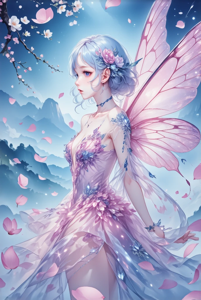  White haired fairy wears a pink transparent sparkling diamond dress、In the sky，livestock，Long Legs，symetrical wings, magic ，Cherry blossom petals flying background ， Cherry blossom petals float in the air ，（（（ Cherry blossom petals falling to the ground ）））（（Soft tones））（ best quality））， （（ intricate details ））， （（ surrealism））（8K）