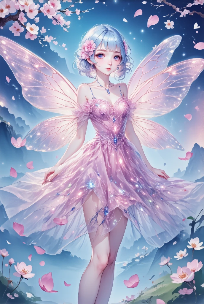  White haired fairy wears a pink transparent sparkling diamond dress、In the sky，livestock，Long Legs，symetrical wings, magic ，Cherry blossom petals flying background ， Cherry blossom petals float in the air ，（（（ Cherry blossom petals falling to the ground ）））（（Soft tones））（ best quality））， （（ intricate details ））， （（ surrealism））（8K）