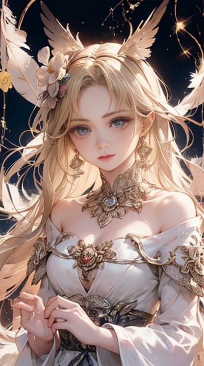 Blonde woman sitting at table in golden white dress, Tokusatsu Heroine, Mysterious Woman,Gemstones and Hoop Crowns,Mystical Necklace,White cloak,Mysterious sparkling gemstone bangles,He holds a mysterious wand in his left hand,Soft lighting, guweiz, artwork in the style of guweiz, ig model | ArtGerm, A seductive anime girl, Anime girl cosplay, guweiz on pixiv artstation, wlop and sakimichan, range murata and artgerm,((Cool color makeup,Lowered eyebrows、Whitening effect,thin and thin eyebrows,eye bags,Ephemeral Girl,A look tinged with joy)),Very soft lighting,Eight-headed body,light glow,Film grain,Expro II,Lens Flare,Sharpen,cinematic shadow