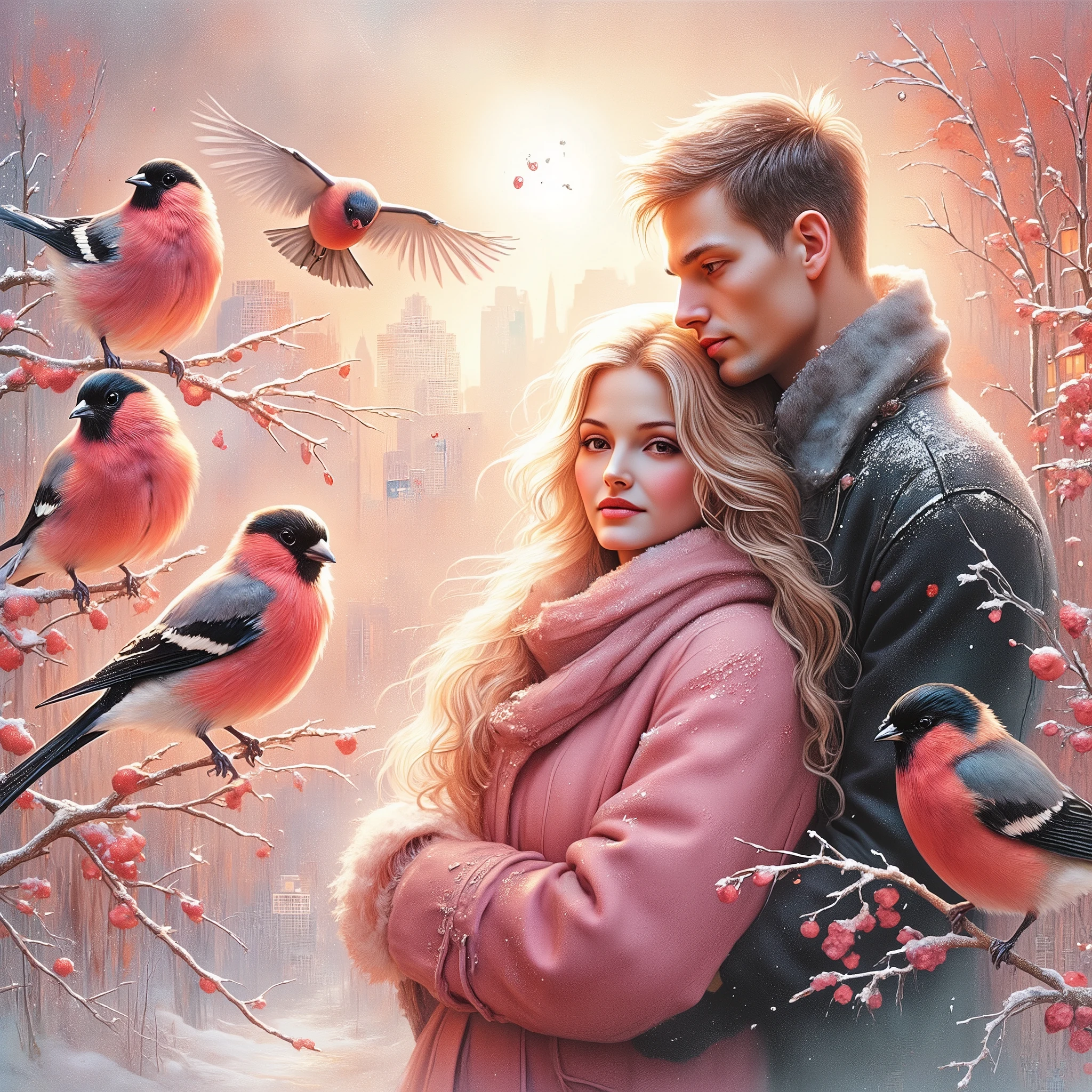 (((EXTREMALLY DETAILED ULTRAREALISTIC 3D OCTANE RENDER VOLUME EMBOSSING IMPASTO FOREGROUND: 1.5))) It's a beautiful SNOWY scene of WINTER with SNOWBIRDS in vibrant PINK-RED-BURGUNDY hues and HOLOGRAPHICBLIKS SNOWFLAKES sparkling in bokeh light, a beautiful HAPPY PASSIONATE couple, a long BLONDE 18 YEARS SMILE WOMAN EMOTIONAL EXPRESSIVE PASSIONATE HUGS 30 YEARS MUSCULAR BRUTAL MAN WITH SHORT BLACK HAIR, standing TOGETHER. ON PASTEL BACK SNOWY TREES WITH  BULLFINCHES, illuminating branches in warm sunlight, creating a peaceful and golden mood. Paint a dreamy hazy breezy wet on wet watercolour artwork, using minimal paints and maximum loose water effects, WINTER  colour palette, PERFECT composition, minimalist, impressionist, with no text. MODERN CASUAL WINTER COATS. PASTEL MOODY BACK CITY MEGAPOLIS WITH ORANGE LIGHTNING WINDOWS.
bokeh ethereal beautiful fantastic view Golden ratio dreamy nostalgic Atmospheric melancholy natural light Tran Nguyen rules of third Visual Poetry fog and smoke unfiltered creativity minimal paint and water effects beautiful WINTER palette Dreamy Hazy Breezy (((2D BLURRY PASTEL BACKGROUND: 1.2))) (((GLOSSING ULTRADETAILED IDEALSILKGLOSSING HAIRS))) (((MODEL BEAUTIFUL HANDSOME IDEAL FACES)))