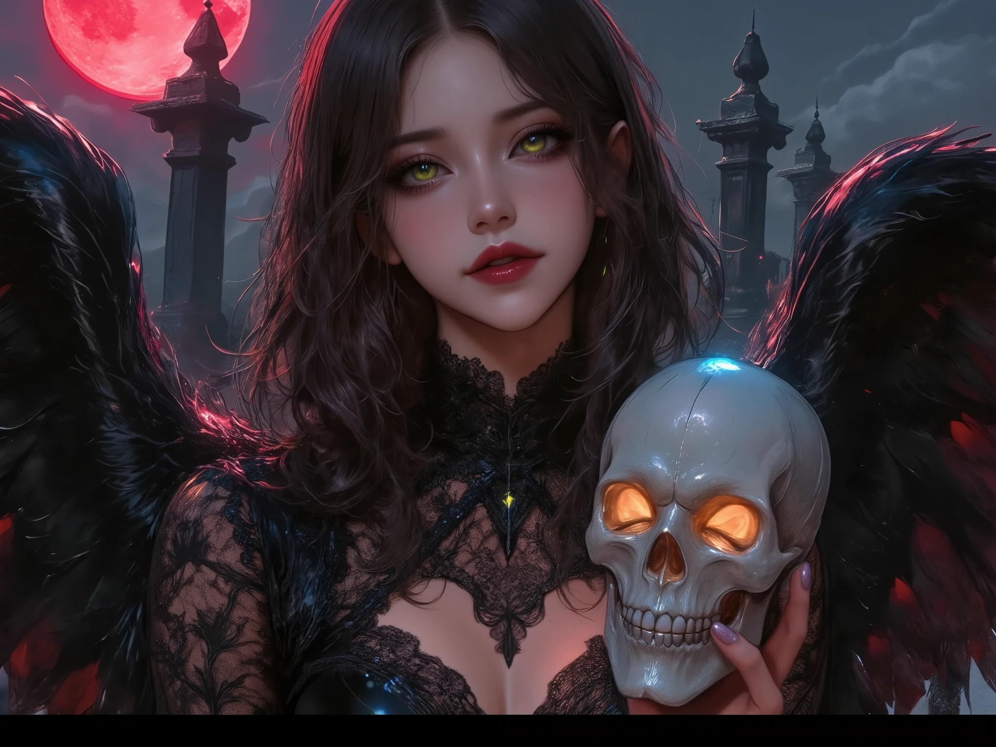 Gothic fantasy scene, mysterious woman with mesmerizing hazel-green eyes and dark angelic wings, intricate Victorian-inspired lace gown, holding a glowing skull emitting eerie light, haunted cemetery with weathered tombstones, full red moon in the background, dark surreal atmosphere, somber and hauntingly beautiful expression, dramatic lighting, ultra-detailed, photorealistic, UHD 8K quality, SSAA rendering, diabolical beauty, slightly smiling, gothic scenery, fairy lighting, oil painting, ink artistic conception, hyper-realistic, depth of field, charming, desire, Obscene, Captivating body lines, ((fine facial features, eroticism)), Realistic, masterpiece, 8k, Cinematic Composition, dark moody vibe, Dramatic Shadows, Intricate and elaborate pattern, 30 megapixel, chiaroscuro lighting, moody color palette, deep contrast, super real, real paint texture, A fusion of the styles of Katsuya Terada, Range Murata, Akiman and JUNNY