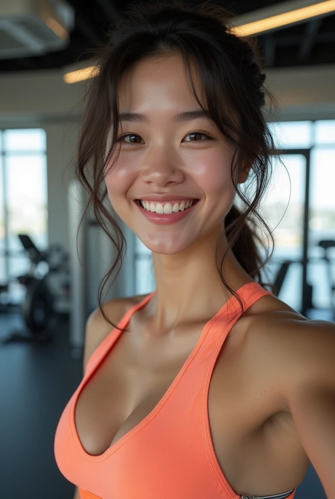 Selfie。A close-up shot of a Japanese woman's chest, bending over and revealing a glimpse of her colorful workout wear.。