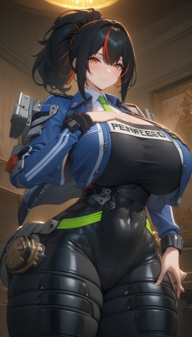 masterpiece,best quality,high resolution,8k,ultra HD,wallpaper,illustration,perfect face,cowboy shot,beautiful detailed eyes,extremely detailed face,perfect lighting,extremely detailed CG,perfect anatomy,perfect body,perfect hands,perfect fingers,1woman,full body,,muscle fighter body,black long ponytail hair,orange eyes,large breasts,Medium ass,,(blue open jacket inner white shirt),black short hot pants,clothed,,collarbone,,looking at viewer,(sexy look pose),Steam,sweat,rich home,(Zenless Zone Zero character Zhu Yuan),adult,,,,,venus body, 1 girl, solo, big breasts, hips, wide hips, thick thighs, high thighs, smile, blunt bangs, blush, choke,,, bikini,,, from behind, big butt,,,((masterpiece)), ((best quality)), (detailed), perfect, solo, peach, beautiful woman, long hair, huge breasts, deep cleavage, big breasts, (((sweaty breasts)), big thighs, masterpiece, detailed face,,, from below