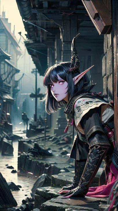 ( super detailed face,  ,  gothic fantasy illustration , Ukiyo-e, Comic art, Wide range of colors), 
break 
( The World of Medieval Scandinavia , storm, thunderstorm, Thick Fog, raging ocean, Steep cliff, Port town,  Dragon Legend , dragon zombie,  Dragon Skeleton , Dracolich ), 
break 
( Dark Elves: 銀色の髪をした中年の Dark Elvesの女性,  Short Bang ,  bob cut with dark purple , Lavender eyes), owl，
break 
(  Dark Elvesの女性ドラゴンハンターは、 wears beads woven into her hair  ,  Frilled Blouse with Pink Ornaments ,  Embroidered Red Vest ,  Leather Pants and Brown Knee-High Boots .), 
break 
( 女性の Dark Elvesのドラゴンハンターが大胆なポーズで港の防波堤の石垣をジャンプして登ります,  wet in the rain,  黒紫のオーラを帯びた巨大な黒骨のdragon zombie , stormで荒廃した海で稲妻に照らされた .  parabolic effect )