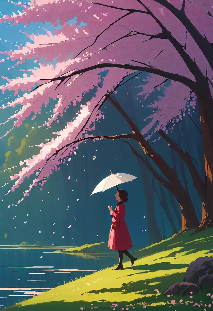 A lakeside 、A forest of cherry blossoms,  a rain of flying petals,  Girls. Smooth Lines , Emphasize light,  Shadow and Space Perception,  Rich Negative Space ,  starry night , ( in a Primitive Style . David Martiashvili.  Spartak Mukanov . Sven37. Peter Elson,  Ryohei Hase ,  Rafael Sansi , Pino Dani, Ray Caesar).