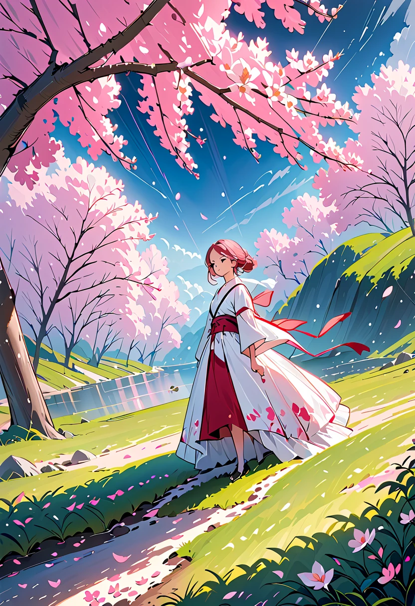 A lakeside 、A forest of cherry blossoms,  a rain of flying petals, Young Girls. Smooth Lines , Emphasize light,  Shadow and Space Perception,  Rich Negative Space ,  starry night , ( in a Primitive Style . David Martiashvili.  Spartak Mukanov . Sven37. Peter Elson,  Ryohei Hase ,  Rafael Sansi , Pino Dani, Ray Caesar).