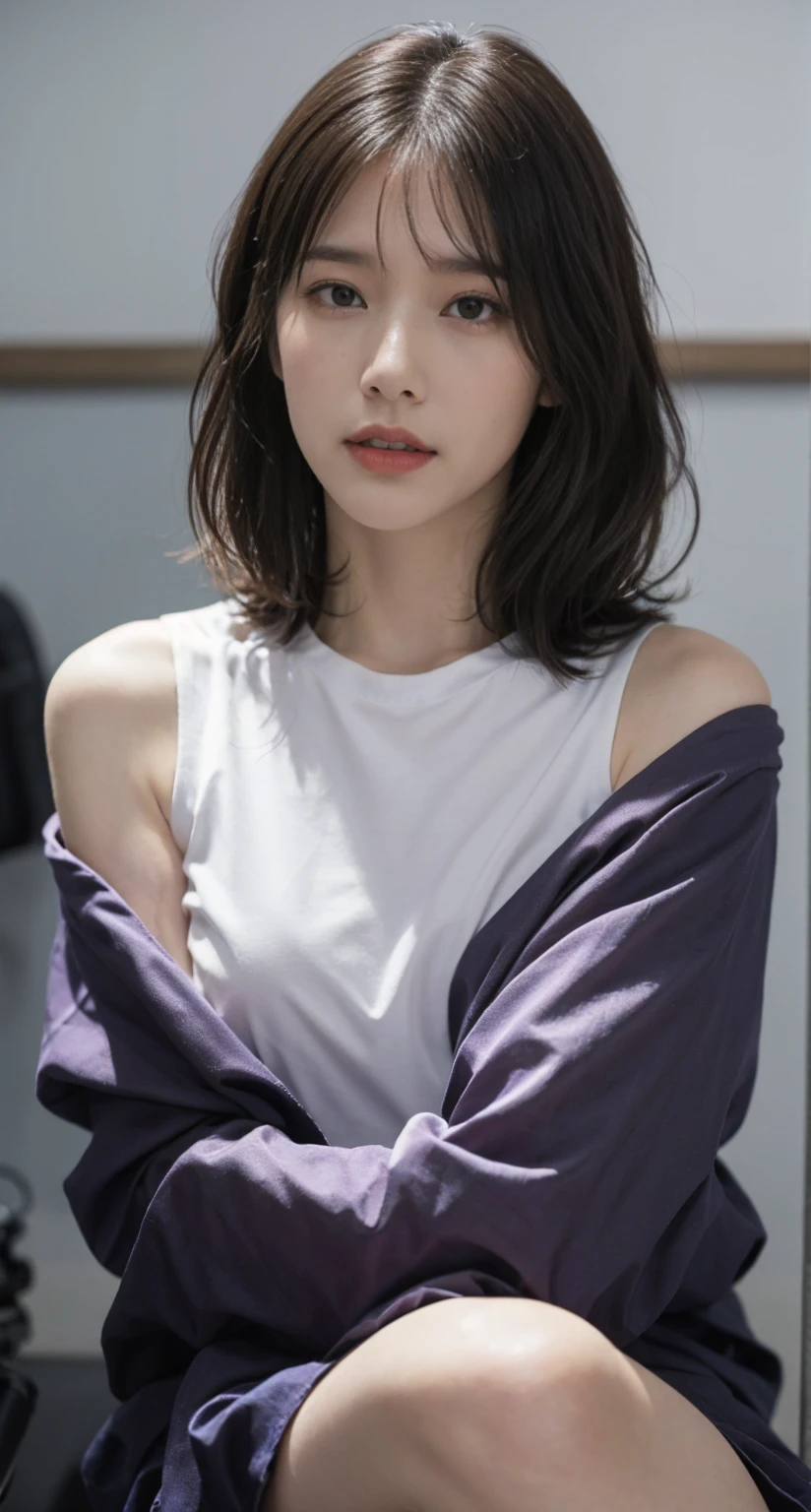  One Woman ,  Short Bang ,  braided ,  wide sleeve,  hair ornament , Japanese clothing, Says Obi, ( purple hair:1.2),  Very Long Hair ,   straight hair,  look towards the viewers,  high resolution background, (  photorealistic:1.2),  detail eyes,  Red Eye Shadow ,  depth of writing，thigh, (ulzzang-6500:0.7),  upper body, (Alone:1.2), ( cyberpunk city :1.1),  clevis, (Finger to lips:1.1),shiny skin