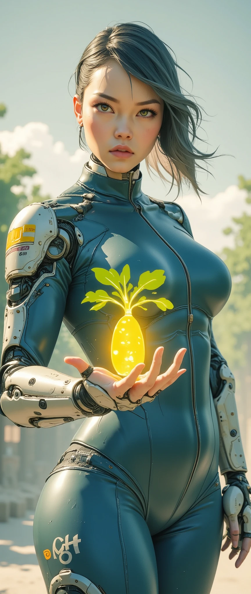 (masterpiece:1.2,Superior Quality,Mirror finish, cinematic experience ,Best Illustrations:2.0),  ultra high resolution with forest background, super detailed,8k, wallpaper,( super sexy makeup :0.5),(Super muscular:2.0),(1 female:2.0),(Space Bounty Hunter:2.0),(  beautiful eyes ,Sparkle in the eyes, detailed face ,Beautiful skin texture:1.3,Beautiful Hair:1.3),(Beautiful female arms:2.0),( detailed hands :2.0),( a robot prosthetic hand with a heavy right arm 2 .0),( dark blue tight bodysuit:2.0),(The background is an abstract planetary army :2.0),( cyberpunk :2.0),(SF:2.0),(visual effects:2.0),( upper body close-up :2.0),(dynamic:2.0),(Serious:2.0),( holding a holographic in the shape of a radish in the palm of your hand facing the camera:2.0),( a holographic daikon close-up of a holographic daikon :2.0),( a flashy effect of a holographic daikon :2.0),(Front:2.0),(dynamic:2.0),(Spectacular space opera images:2.0)