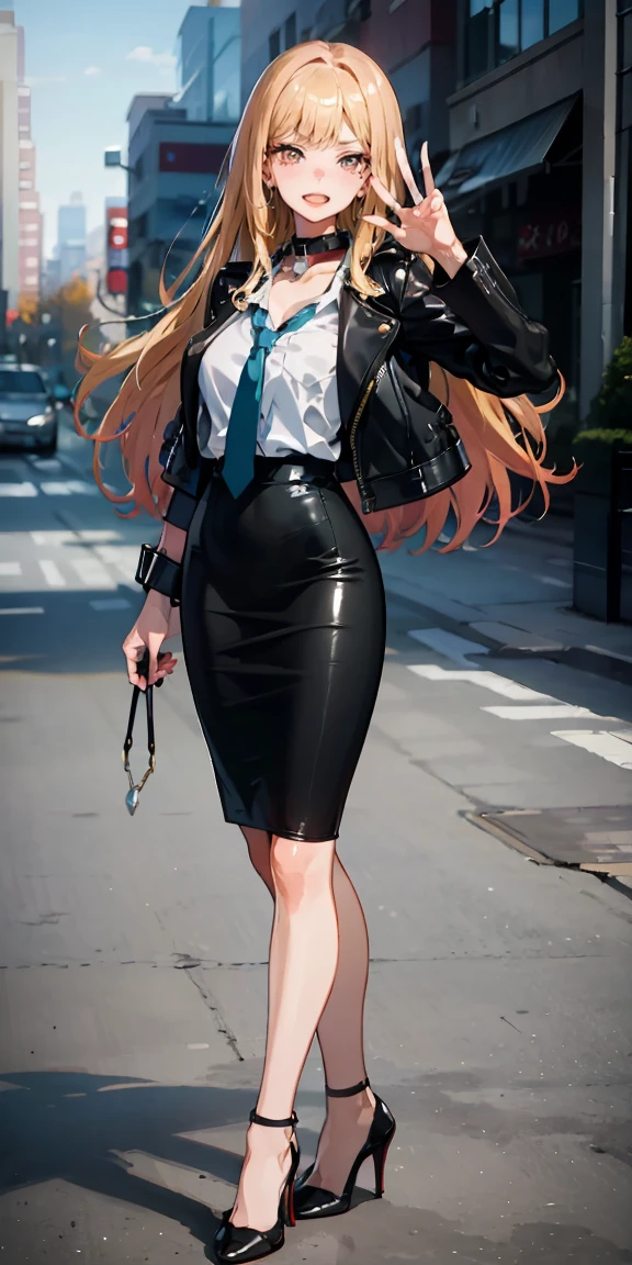 Marin Kitagawa,intenseglare,(best quality:1.6, highres), (beautiful detailed eyes:1.2), elevated, high-quality, beautiful face, 1 girl, leather pencil skirt, oversized leather jacket, blackbird, long hair, wide hips, landscape beautification, street, background, detailed background, sinister smile, angled laughter, long coat, blouse, tie, office woman, mature,((high heels)),A look of contempt,disgusting expression,((whip)),((collar)),