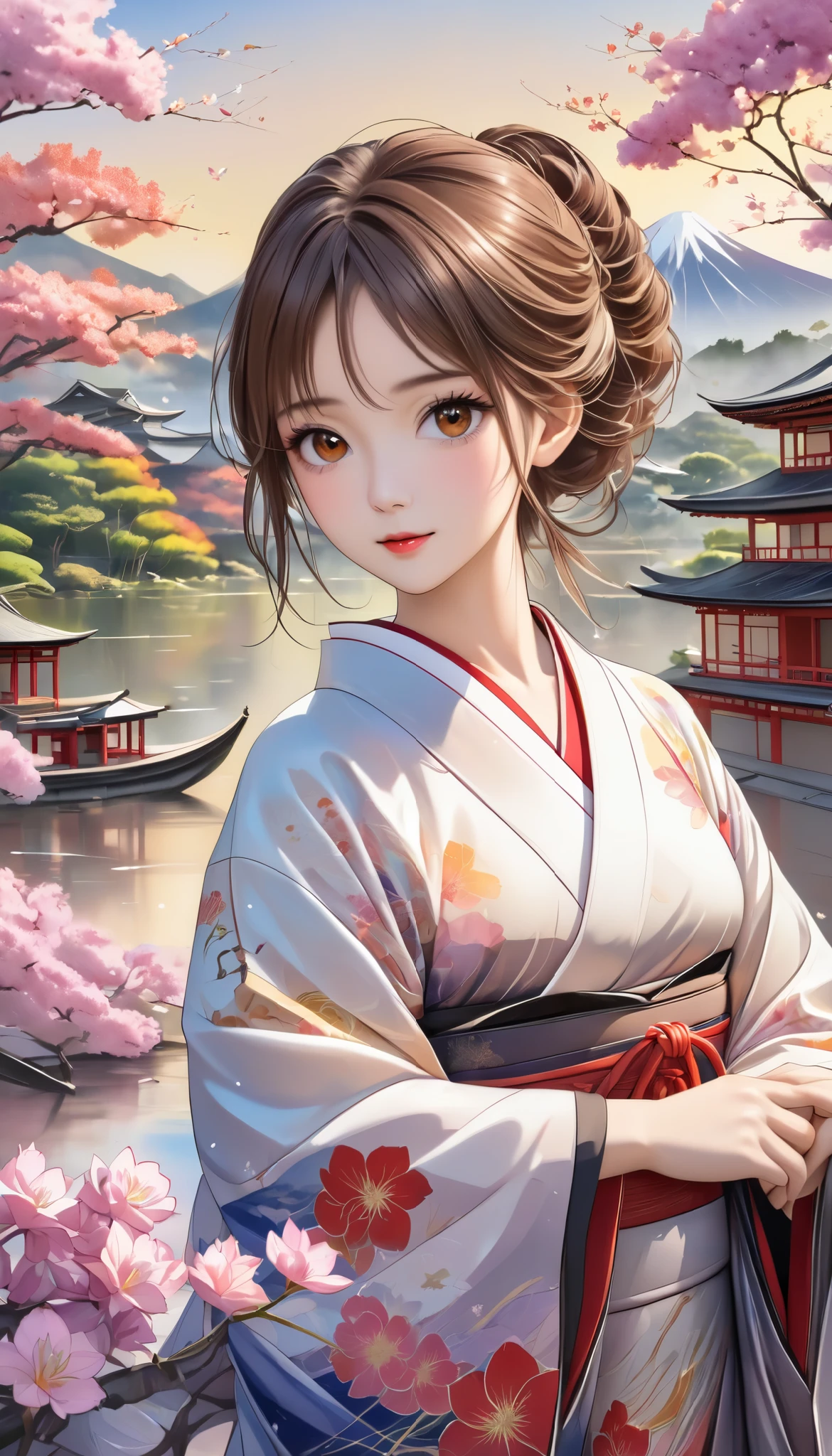 (masterpiece,  high definition , High image quality, 8k,  best quality), Pencil drawing, Japanese painting,  Watercolor and Oil Paintings Fusion ,  cool beauty,  beautiful brown eyes, Shiny, silky, tousled hair,  adorable cute expression ,  perfect proportions, Mid-chest, Wearing a colorful Japanese kimono, Cranes are flying, Scenery images and effects from those times, Classical art, Iris Effect, Detailed illustration art digital art including background,  