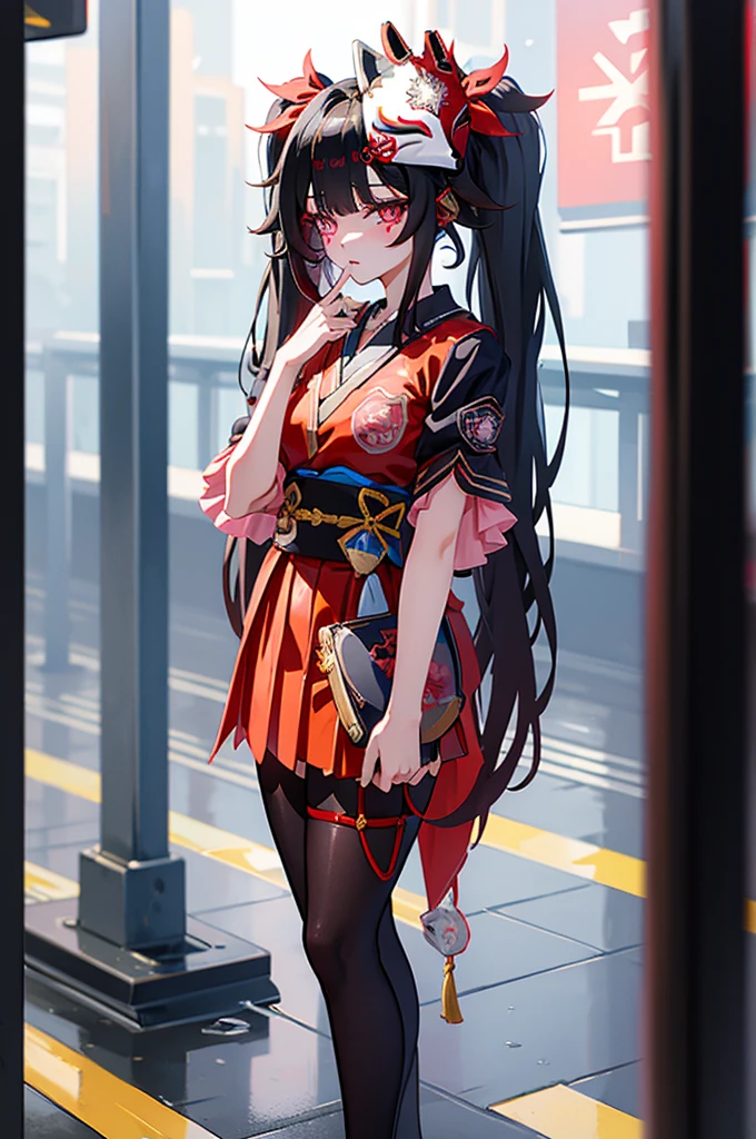 a solo girl , sexy girl , shsparkle, fox mask, long hair, twintails wearing a japan sailor school uniform with short skirt, eye makeup , black pantyhose, wearing a sneaker , standing on platform in a railway station in rainy morning time.