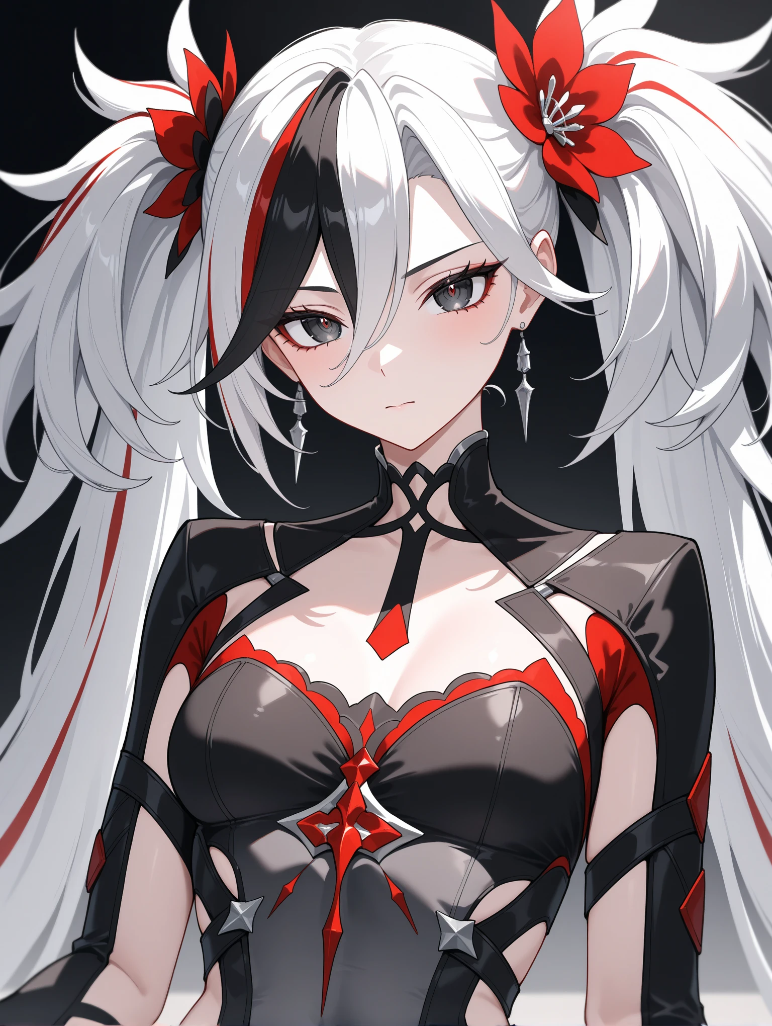 playful anime girl with white red and dark grey hair and dark grey and red strands in her hair striking a playful pose with an evil grin on her face, blood blossoms as accessories in her hair, evil grin on her face, shiny dark red eyes, dark grey tendrils with bloodred blossoms in the background, evil look, best anime characterdesin, high resolution, 8K fantasy artwork