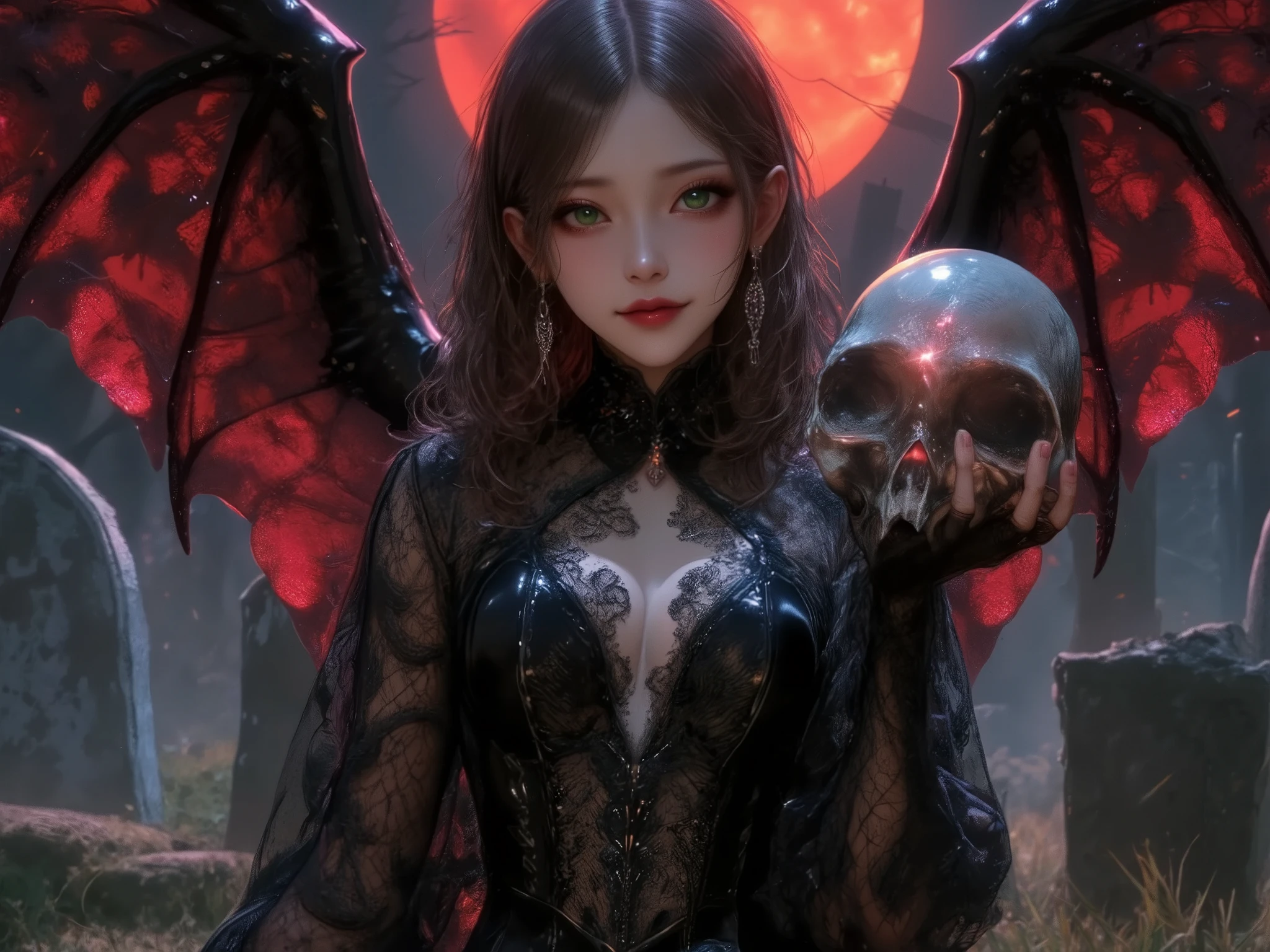 Gothic fantasy scene, mysterious woman with mesmerizing hazel-green eyes and dark angelic wings, intricate Victorian-inspired lace gown, holding a glowing skull emitting eerie light, haunted cemetery with weathered tombstones, full red moon in the background, dark surreal atmosphere, somber and hauntingly beautiful expression, dramatic lighting, ultra-detailed, photorealistic, UHD 8K quality, SSAA rendering, diabolical beauty, slightly smiling, gothic scenery, fairy lighting, oil painting, ink artistic conception, hyper-realistic, depth of field, charming, desire, Obscene, Captivating body lines, ((fine facial features, eroticism)), Realistic, masterpiece, 8k, Cinematic Composition, dark moody vibe, Dramatic Shadows, Intricate and elaborate pattern, 30 megapixel, chiaroscuro lighting, moody color palette, deep contrast, super real, real paint texture, A fusion of the styles of Katsuya Terada, Range Murata, Akiman and JUNNY