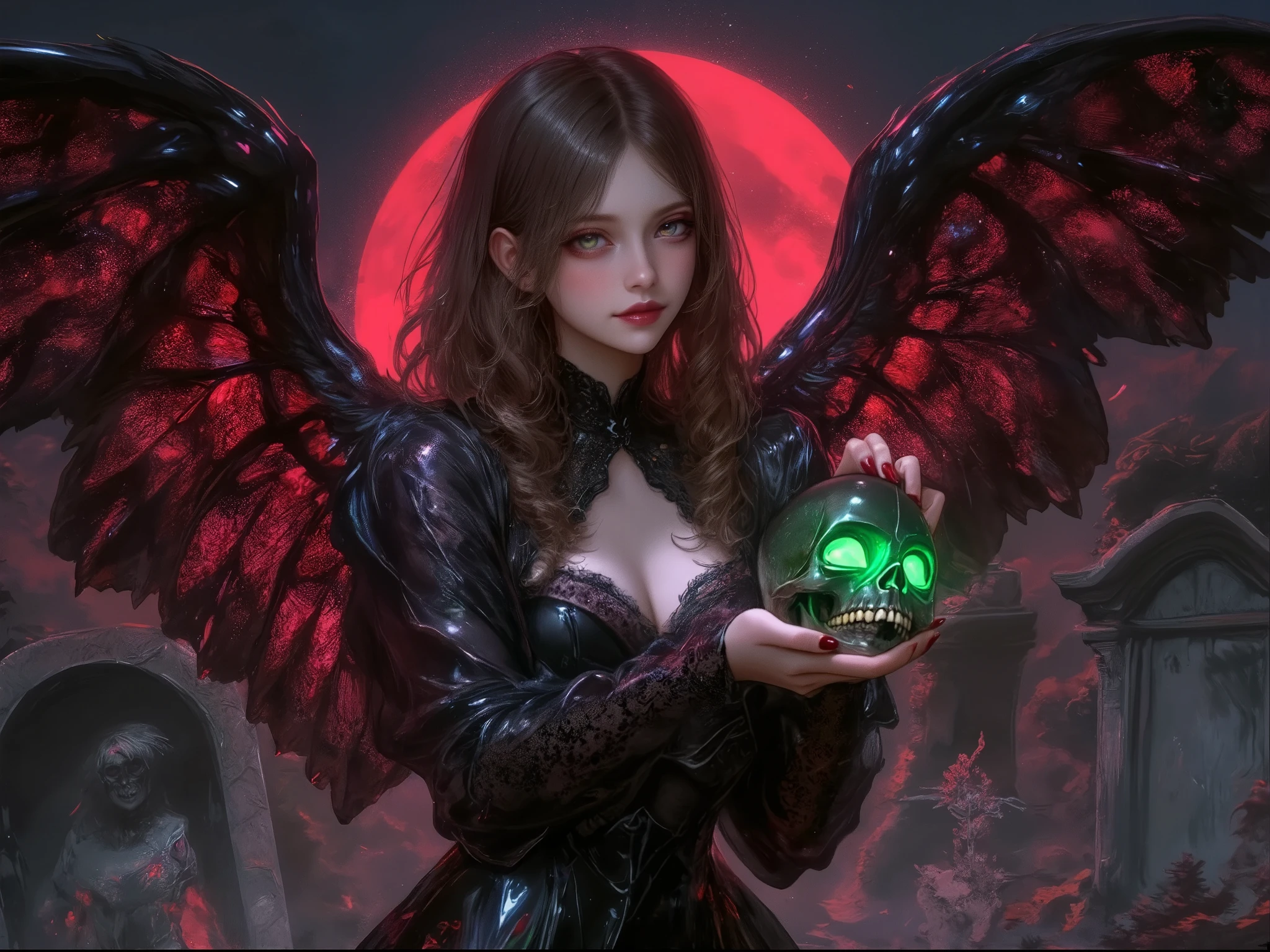 Gothic fantasy scene, mysterious woman with mesmerizing hazel-green eyes and dark angelic wings, intricate Victorian-inspired lace gown, holding a glowing skull emitting eerie light, haunted cemetery with weathered tombstones, full red moon in the background, dark surreal atmosphere, somber and hauntingly beautiful expression, dramatic lighting, ultra-detailed, photorealistic, UHD 8K quality, SSAA rendering, diabolical beauty, slightly smiling, gothic scenery, fairy lighting, oil painting, ink artistic conception, hyper-realistic, depth of field, charming, desire, Obscene, Captivating body lines, ((fine facial features, eroticism)), Realistic, masterpiece, 8k, Cinematic Composition, dark moody vibe, Dramatic Shadows, Intricate and elaborate pattern, 30 megapixel, chiaroscuro lighting, moody color palette, deep contrast, super real, real paint texture, A fusion of the styles of Katsuya Terada, Range Murata, Akiman and JUNNY