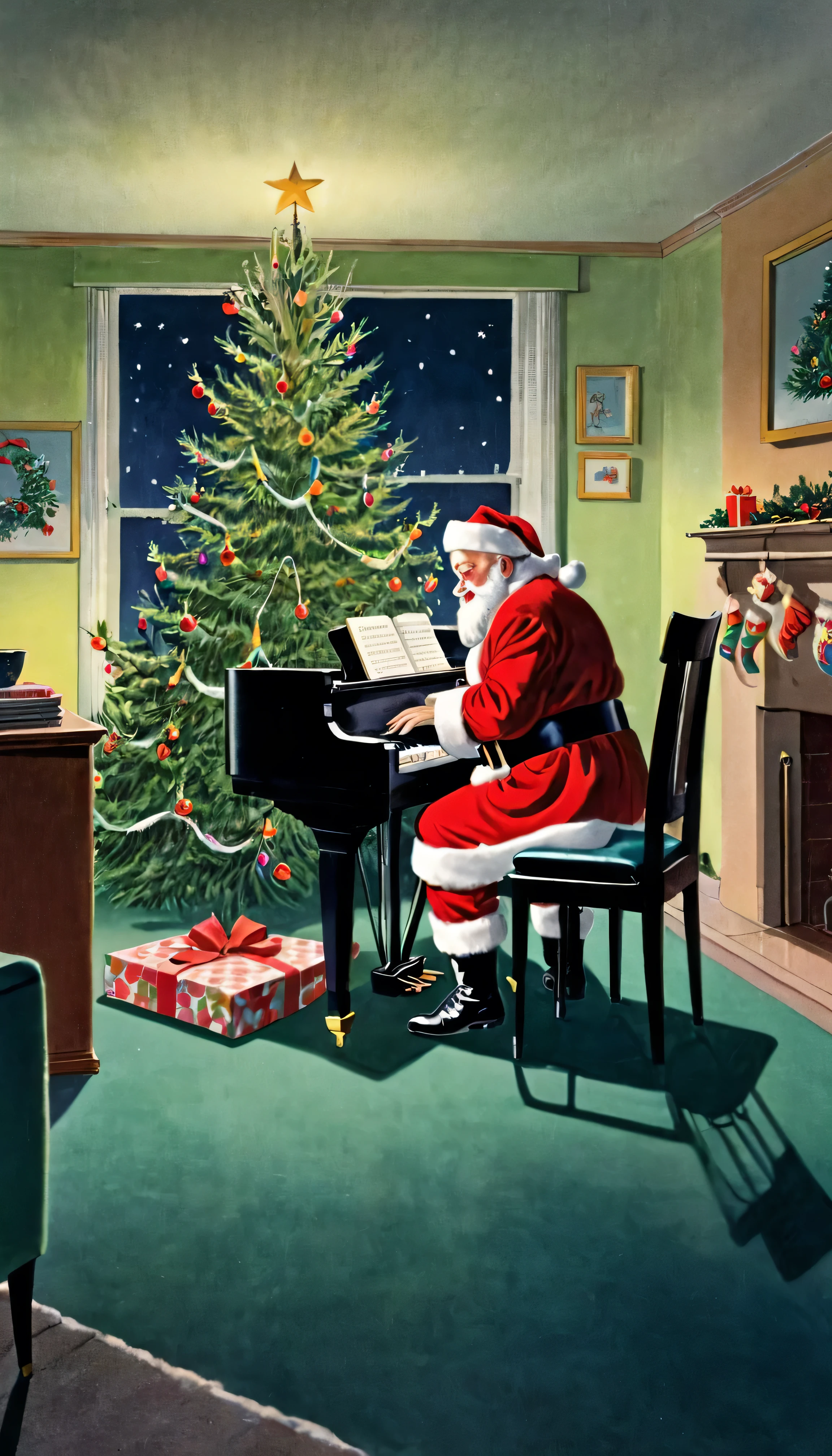 1950s,Illustration,America, Christmas tree indoor ,midnight、 rear view of Santa playing piano alone, Dim Room