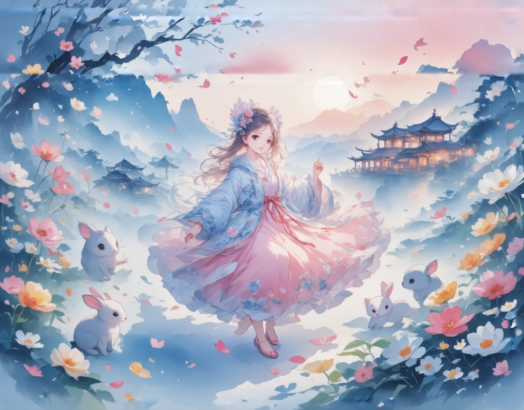 score_9, score_8, score_7, Watercolor,  Beautiful Taoyuan Township , The goddess, Feather coat,  Pink Light Silk , Dancing in Taoyuan , A blizzard of flowers,  Beautiful Petals Flutter,  Small Animals Play Under Your Feet , fantasy landscape, ((retina, masterpiece:1.2, high details, high quality,  highres icon, best quality))