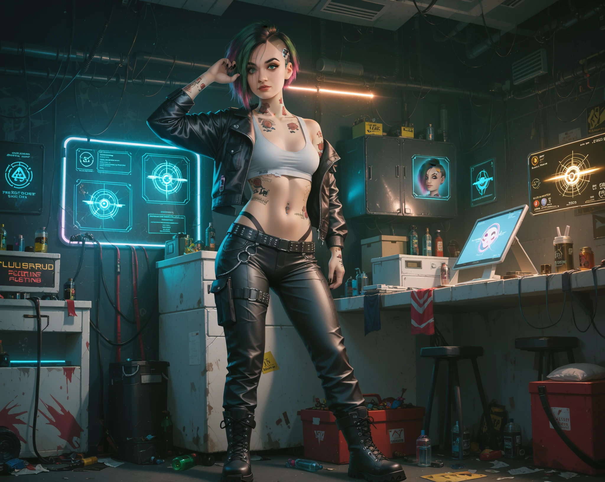 Judy Alvarez, the iconic netrunner from Cyberpunk 2077, stands confidently in the midst of a dimly lit, neon-infused nightclub, surrounded by holographic advertisements and pulsating laser beams. Her striking features, including her sharp jawline, piercing green eyes, and cybernetic implants, are accentuated by the vibrant, futuristic atmosphere. She wears a sleek, high-collared black leather jacket, paired with ripped, neon-lit pants and heavy combat boots, exuding a sense of edgy, high-tech sophistication. The air is thick with the hum of electronic music and the distant chirping of holographic projections, as Judy surveys the club's bustling scene, her gaze intense and calculating, ready to take on the night.