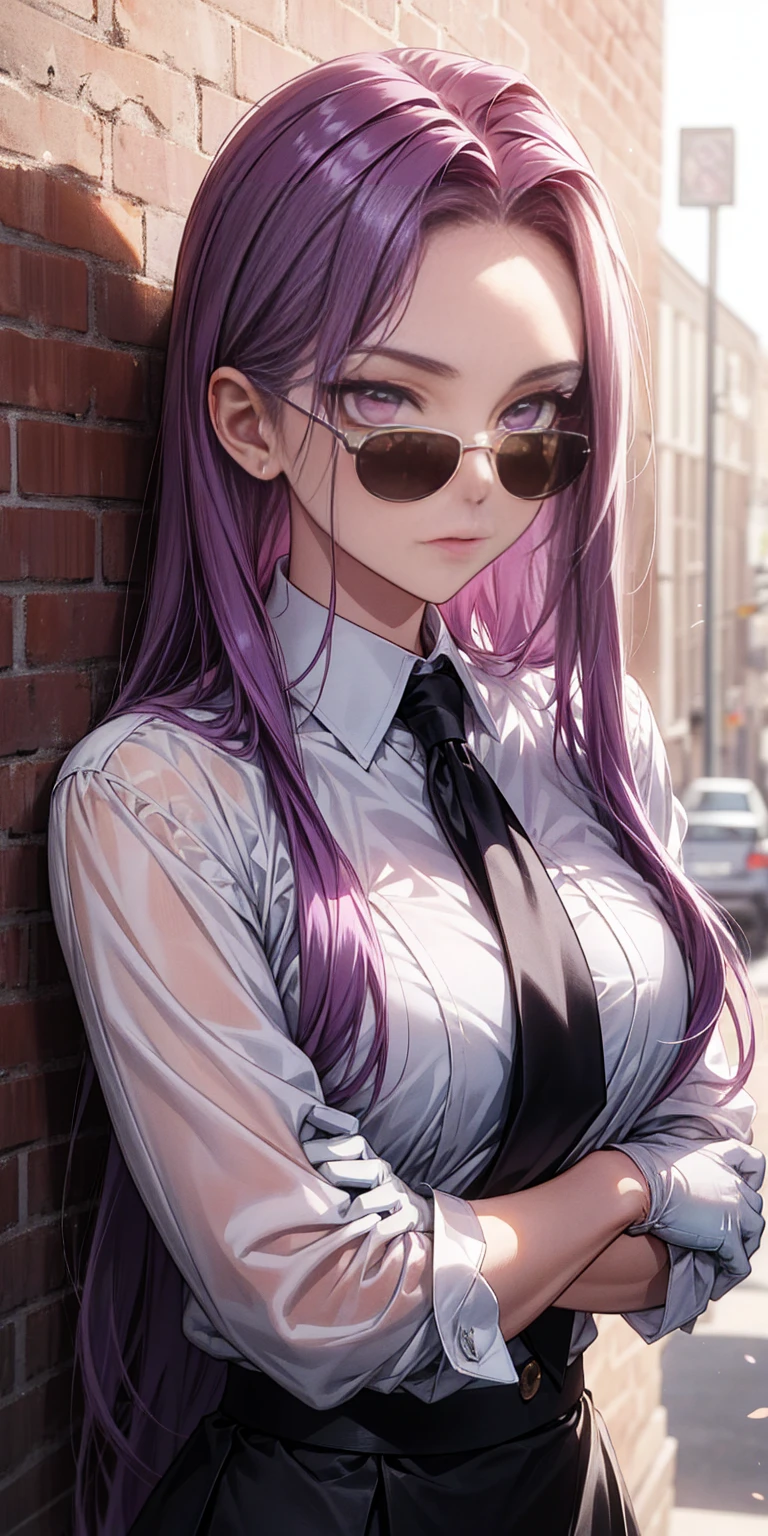 highest quality, masterpiece, high resolution,only {Black business suit:1.40} {tie:1.20} {sunglasses:1.25} {White gloves:1.15} { White shirt:1.10} {Black Skirt:1.15} good looking {Medusa_FGO:1.15} length_hair, purple_hair, very_length_hair, purple_eye, chest, big_chest, 1girl, solo, white background, brick wall backdrop, upper body, looking at viewer, bare arms, folded arms