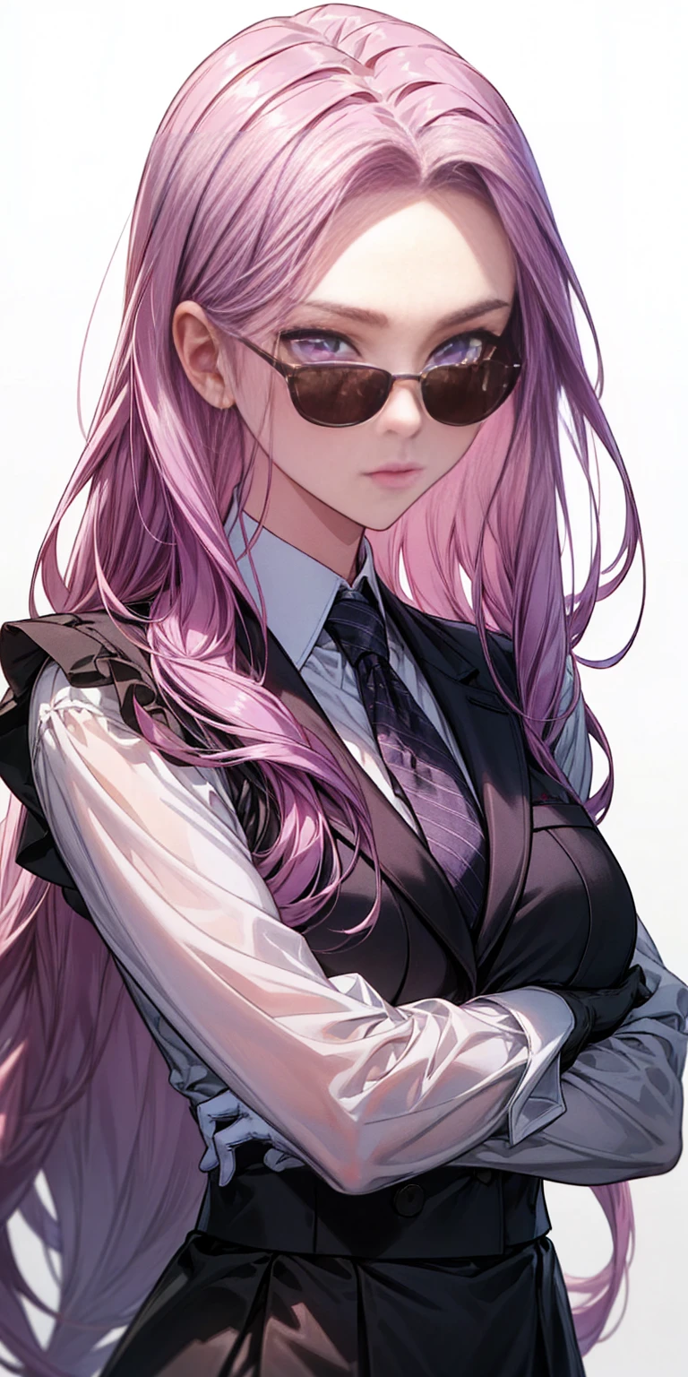 highest quality, masterpiece, high resolution,only {Black business suit:1.40} {tie:1.20} {sunglasses:1.25} {White gloves:1.15} { White shirt:1.10} {Black Skirt:1.15} good looking {Medusa_FGO:1.15} length_hair, purple_hair, very_length_hair, purple_eye, chest, big_chest, 1girl, solo, white background, brick wall backdrop, upper body, looking at viewer, bare arms, folded arms