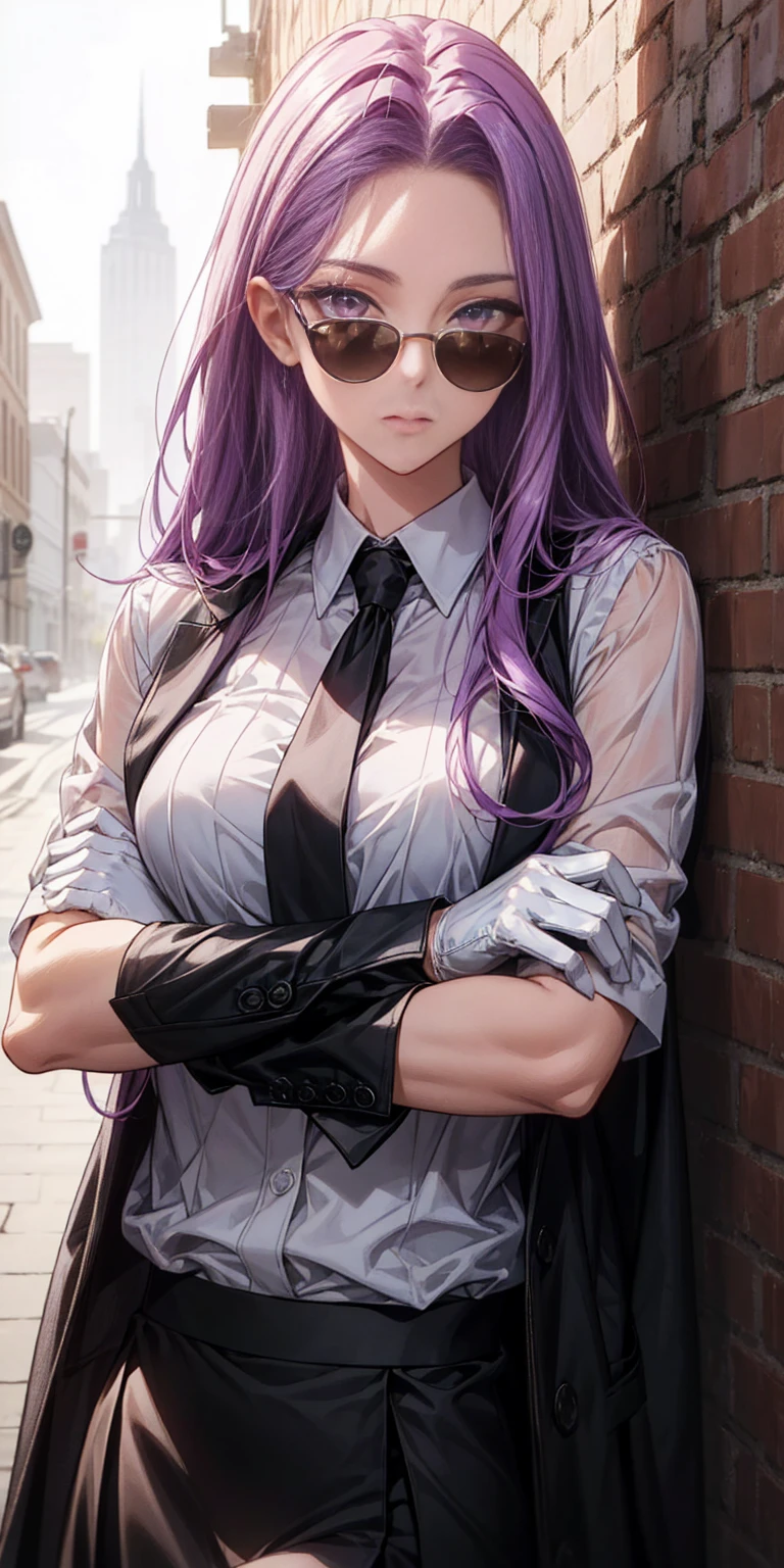 highest quality, masterpiece, high resolution,only {Black business suit:1.40} {tie:1.20} {sunglasses:1.25} {White gloves:1.15} { White shirt:1.10} {Black Skirt:1.15} good looking {Medusa_FGO:1.15} length_hair, purple_hair, very_length_hair, purple_eye, chest, big_chest, 1girl, solo, white background, brick wall backdrop, upper body, looking at viewer, bare arms, folded arms