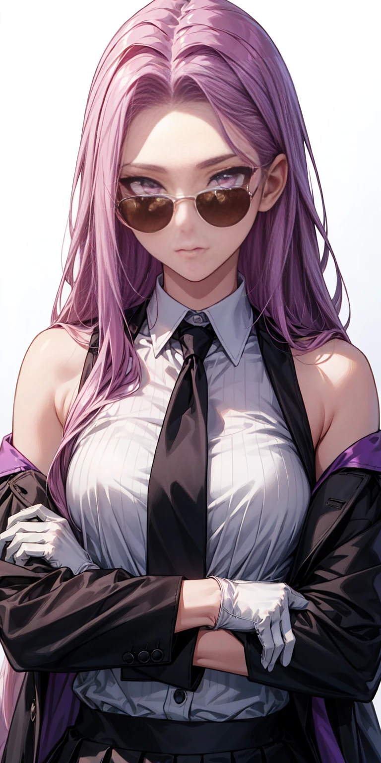 highest quality, masterpiece, high resolution,only {Black business suit:1.40} {tie:1.20} {sunglasses:1.25} {White gloves:1.15} { White shirt:1.10} {Black Skirt:1.15} good looking {Medusa_FGO:1.15} length_hair, purple_hair, very_length_hair, purple_eye, chest, big_chest, 1girl, solo, white background, brick wall backdrop, upper body, looking at viewer, bare arms, folded arms