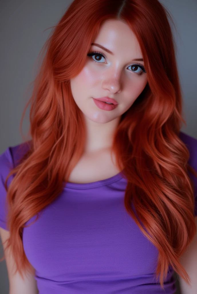 MadiKat, An extremely high resolution photograph of a stunningly beautiful redhead woman. She is wearing a tight purple tee shirt. Portrait photo zoomed in on only her face.