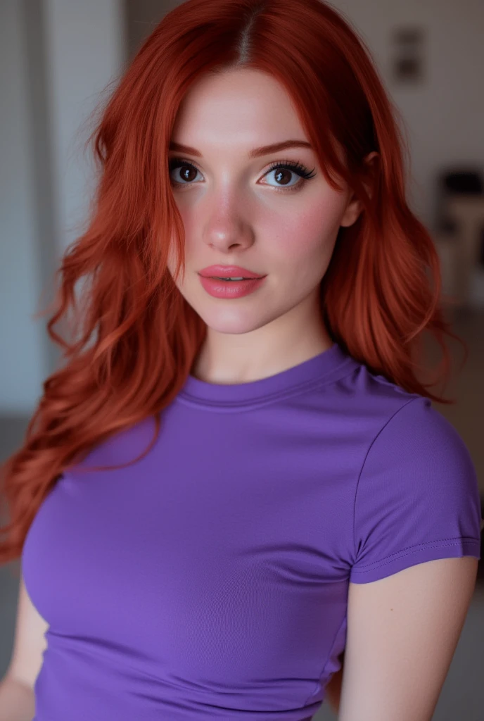 MadiKat, An extremely high resolution photograph of a stunningly beautiful redhead woman. She is wearing a tight purple tee shirt. Portrait photo zoomed in on only her face.