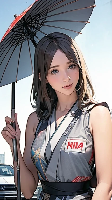 (masterpiece,   best quality, Beauty, Best ratio,   vest shadow  ,    best illustration  , Wallpaper size,1080×2400 pixels, detailed face ,  1 Japanese girl,   Japan Theme,  2 girls 1  )  Realistic racing scenes with distinctive women riding on cars and trucks    ( Golden ratio face,  big eyes ,Grey Color Hair)    Japanese supermodel character holding an umbrella  .   Standing beside a light blue and silver F1   "Honda"   Wear stylish race-themed outfits with Sporty details on cars and trucks   "Honda RACING" Printed on the car body   . 背景にインドネシアとHondaレーシングの旗 ,    Full racing sponsors digital screens and clear golden hour skies .  Female Supermodels 、  Sporty details 。,     Wear stylish race-themed outfits with brightly colored race sponsor patches and intricate, sharp-colored designs  .    Digital race signal bulbs illuminated  .
 High image quality,   High contrast,   high collar satin   , movie lighting