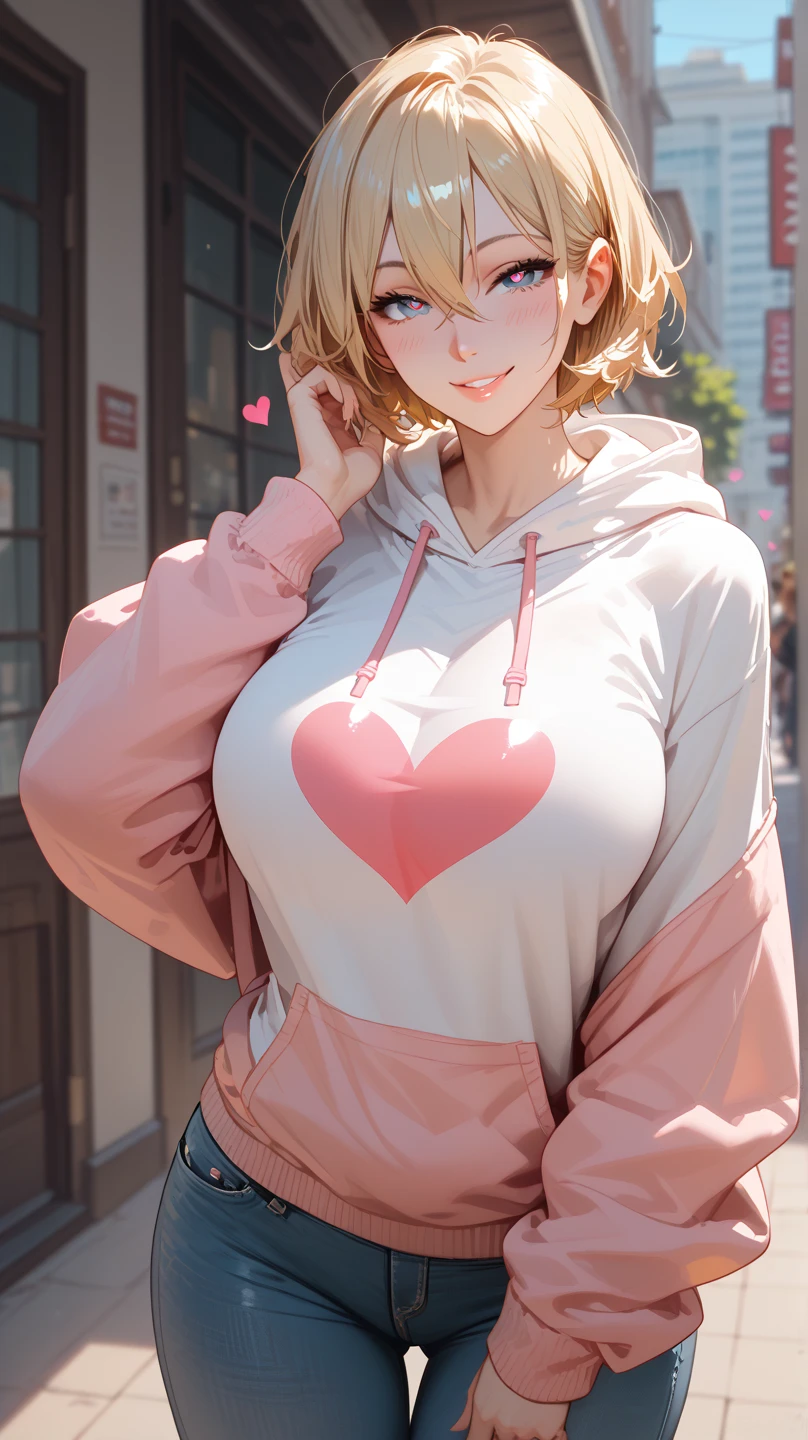 1girl, Solo, HD, Accurate, Short Hair, Blonde Hair, Hair Between Eyes, Large breasts, Blush, Seductive Smile, Heart In Eye, wearing hoodie, jeans