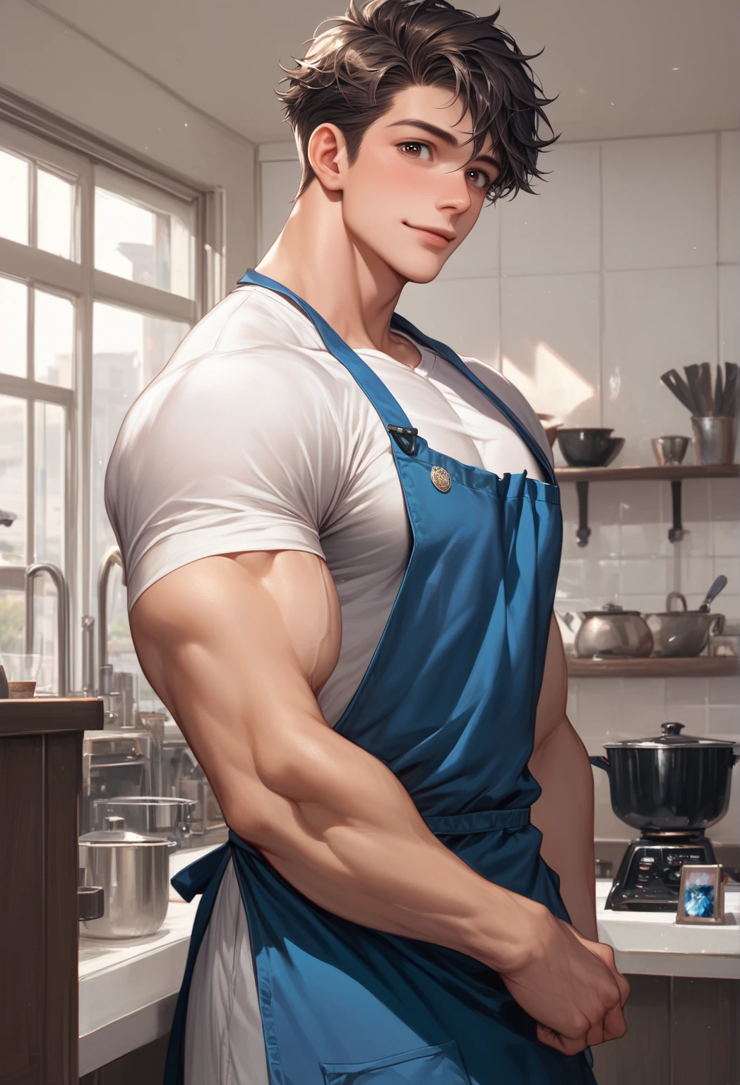(front angle, symmetrical photo) (highest quality photo), a young male vietnamese bodybuilder, sexy and cute, muscular!!!, huge muscles, wearing only apron, huge bulge, tanned skin, super shiny skin, detailed eyes, serving coffee, embarrased, (photo angle from below), in a cafe, cozy atmosphere, window, street view, featured on twitter, by @vanillux3
