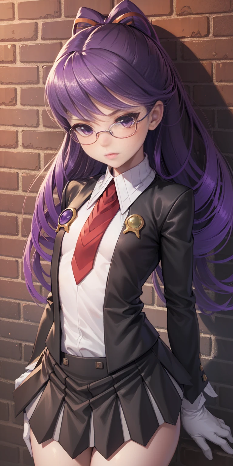 highest quality, masterpiece, high resolution,only {Black business suit:1.40} {tie:1.20} {sunglasses:1.25} {White gloves:1.15} { White shirt:1.10} {Black Skirt:1.15} good looking {Medusa_FGO:1.15} length_hair, purple_hair, very_length_hair, purple_eye, chest, big_chest, 1girl, solo, white background, brick wall backdrop, upper body, looking at viewer, bare arms, folded arms