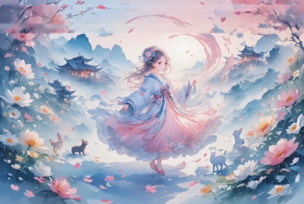 score_9, score_8, score_7, Watercolor,  Beautiful Taoyuan Township , The goddess, Feather coat,  Pink Light Silk , Dancing in Taoyuan , A blizzard of flowers,  Beautiful Petals Flutter,  Small Animals Play Under Your Feet , fantasy landscape, ((retina, masterpiece:1.2, high details, high quality,  highres icon, best quality))