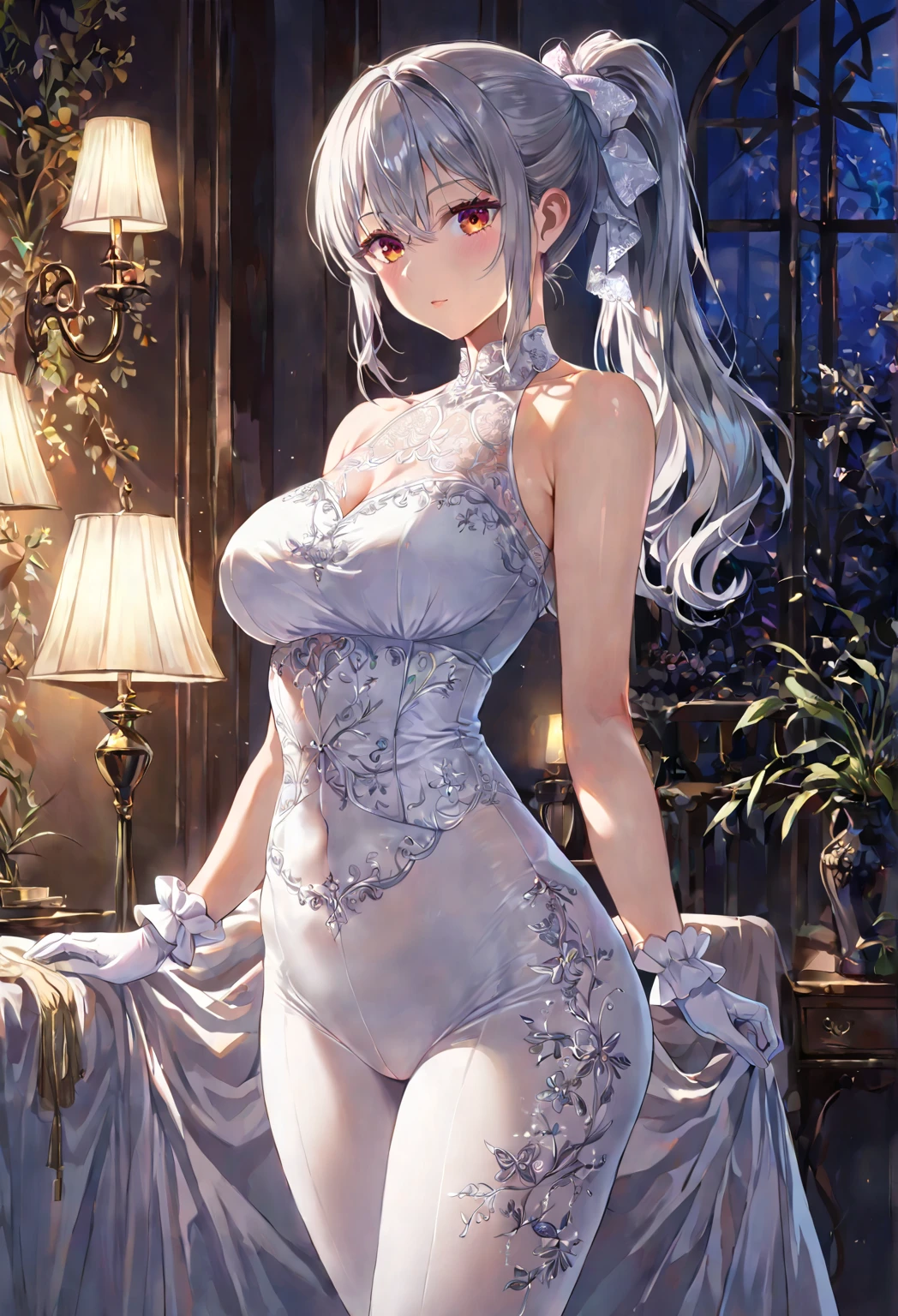 (((1 girl)), ray tracing, (dim lighting), detailed background (bedroom)), ((silver hair)), (Fluffy silver hair, plump slender girl)) with high ponytail)))), ((Girl wears intricately embroidered black high-waisted pants with pantyhose) and white ruffled bow gloves), showing a delicate slim figure and graceful curves, standing, outdoor