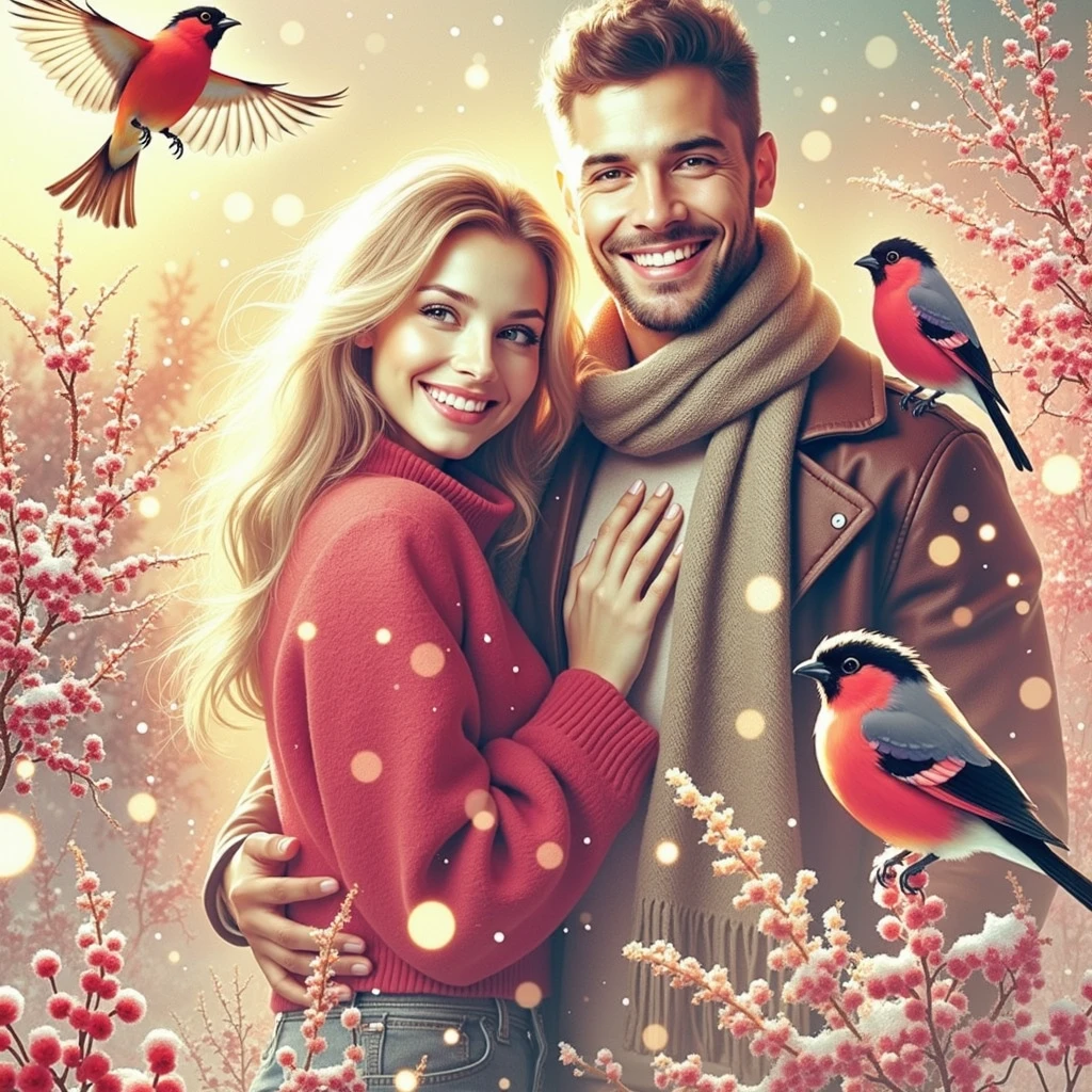 (((EXTREMALLY DETAILED ULTRAREALISTIC 3D OCTANE RENDER VOLUME EMBOSSING IMPASTO FOREGROUND: 1.5))) It's a beautiful SNOWY scene of WINTER with SNOWBIRDS in vibrant PINK-RED-BURGUNDY hues and HOLOGRAPHICBLIKS SNOWFLAKES sparkling in bokeh light, a beautiful HAPPY couple, a long BLONDE 18 YEARS SMILE WOMAN EMOTIONAL EXPRESSIVE PASSIONATE HUGS 30 YEARS MUSCULAR BRUTAL MAN WITH SHORT BLACK HAIR, standing TOGETHER. ON PASTEL BACK SNOWY TREES WITH  BULLFINCHES, illuminating branches in warm sunlight, creating a peaceful and golden mood. Paint a dreamy hazy breezy wet on wet watercolour artwork, using minimal paints and maximum loose water effects, WINTER  colour palette, PERFECT composition, minimalist, impressionist, with no text. MODERN CASUAL WINTER COATS. PASTEL MOODY BACK CITY MEGAPOLIS WITH ORANGE LIGHTNING WINDOWS.
bokeh ethereal beautiful fantastic view Golden ratio dreamy nostalgic Atmospheric melancholy natural light Tran Nguyen rules of third Visual Poetry fog and smoke unfiltered creativity minimal paint and water effects beautiful WINTER palette Dreamy Hazy Breezy (((2D BLURRY PASTEL BACKGROUND: 1.2))) (((GLOSSING ULTRADETAILED IDEALSILKGLOSSING HAIRS))) (((MODEL BEAUTIFUL HANDSOME IDEAL FACES)))