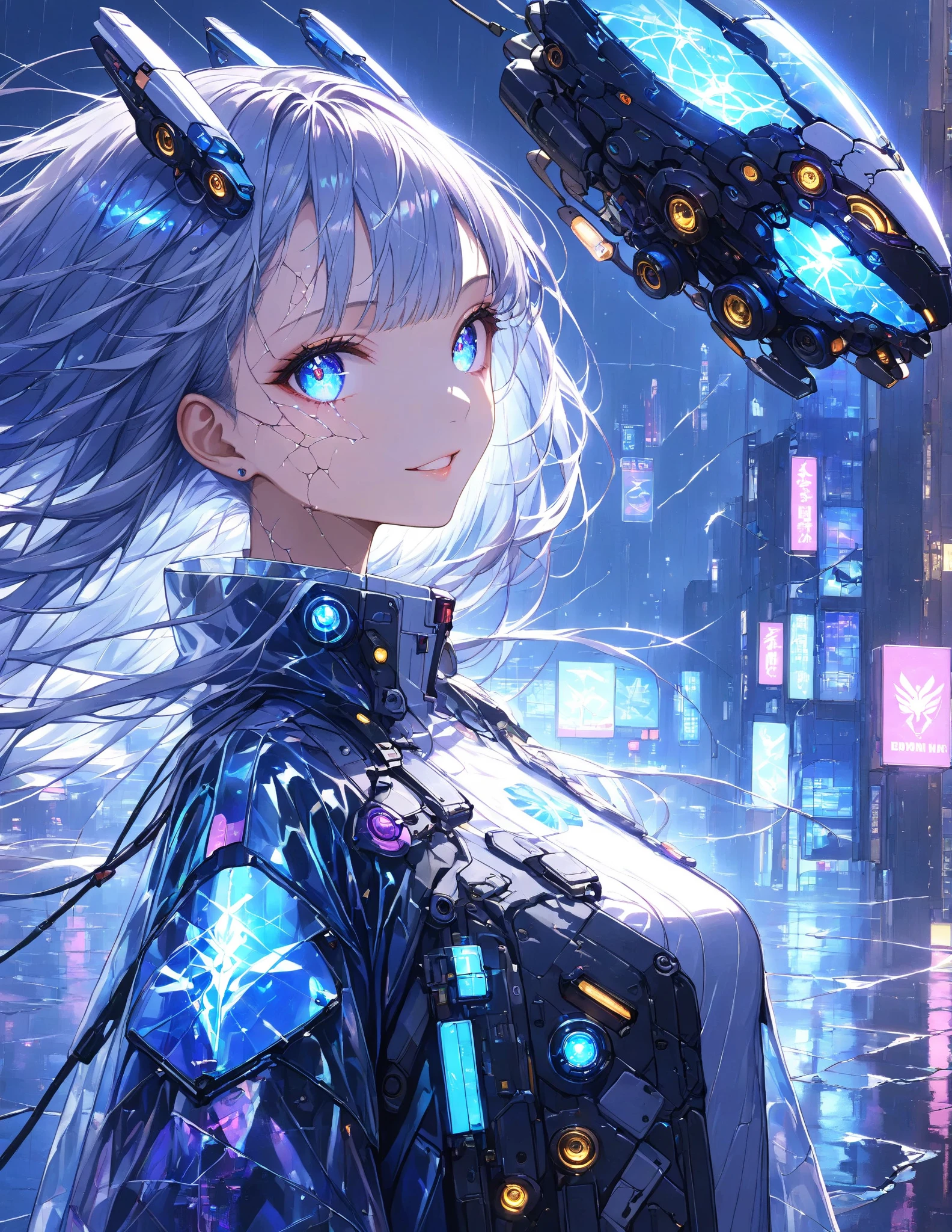 A cyborg girl with long white hair, blue and white cyborg style body, with a lot of exposed machinery, chasing colorful balloons in a cyber world, reaching out to catch the balloons, beautiful detailed face and hair texture, clear blue neon light from the suit, at the end of the cyber space with lights and many colorful balloons, beautiful depiction of the cyber suit mechanism and balloons, masterpiece, best quality, 4k, 8k, ultra detailed