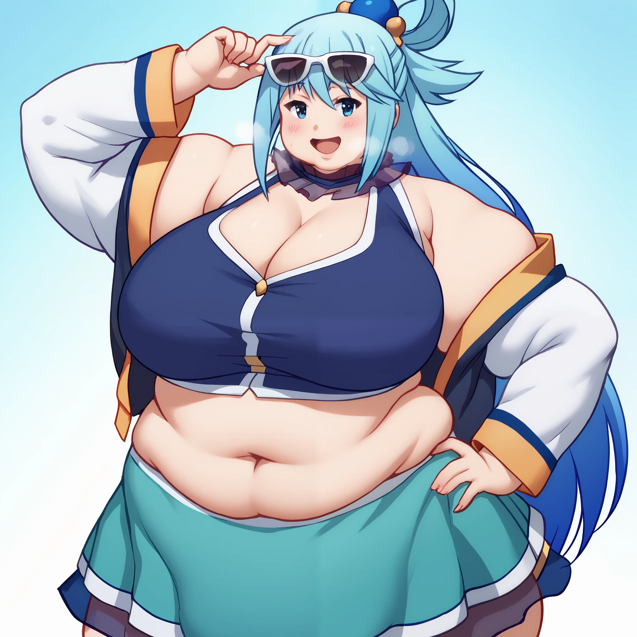 1girl, aqua_(konosuba), breasts, long_hair, solo, blue_eyes, eyewear_on_head, cleavage, sunglasses, smile, jacket, looking_at_viewer, large_breasts, open_mouth, blue_hair, bare_shoulders, hair_ornament, long_sleeves, open_clothes, off_shoulder, :d, open_jacket, hair_rings, black_jacket, crop_top, arm_up, upper_body, blush, bangs, hand_on_eyewear, hand_on_hip, midriff, sleeveless, very_long_hair fat, chubby, obese, gigantic arms and legs, large breasts open mouth, out of breath, full body shot 