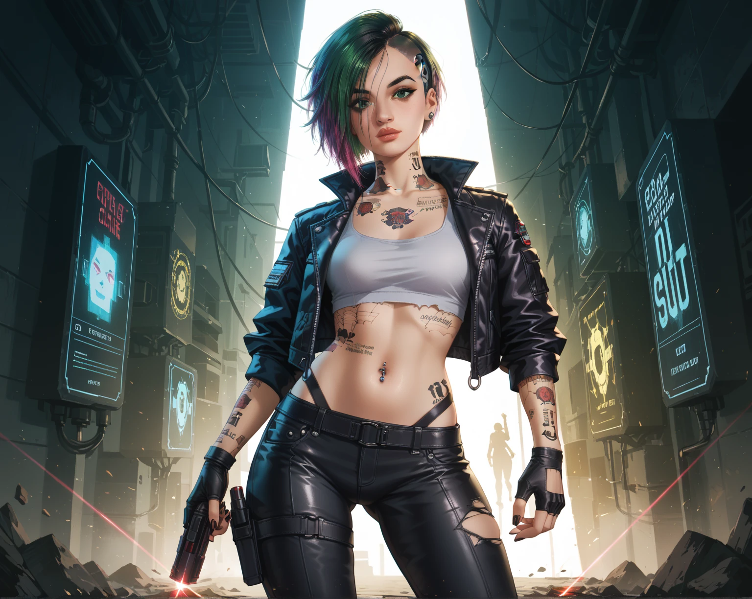 Judy Alvarez, the iconic netrunner from Cyberpunk 2077, stands confidently in the midst of a dimly lit, neon-infused nightclub, surrounded by holographic advertisements and pulsating laser beams. Her striking features, including her sharp jawline, piercing green eyes, and cybernetic implants, are accentuated by the vibrant, futuristic atmosphere. She wears a sleek, high-collared black leather jacket, paired with ripped, neon-lit pants and heavy combat boots, exuding a sense of edgy, high-tech sophistication. The air is thick with the hum of electronic music and the distant chirping of holographic projections, as Judy surveys the club's bustling scene, her gaze intense and calculating, ready to take on the night.