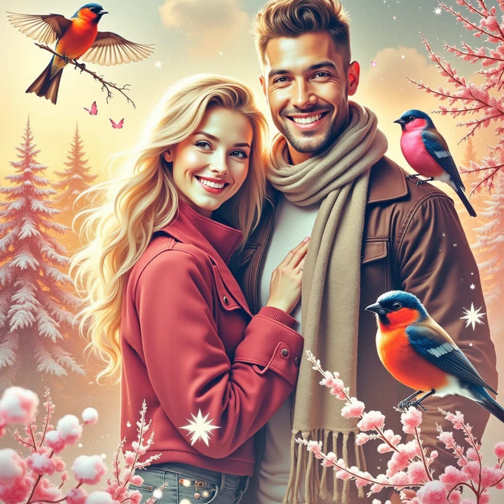 (((EXTREMALLY DETAILED ULTRAREALISTIC 3D OCTANE RENDER VOLUME EMBOSSING IMPASTO FOREGROUND: 1.5))) It's a beautiful SNOWY scene of WINTER with SNOWBIRDS in vibrant PINK-RED-BURGUNDY hues and HOLOGRAPHICBLIKS SNOWFLAKES sparkling in bokeh light, a beautiful HAPPY couple, a long BLONDE 18 YEARS SMILE WOMAN EMOTIONAL EXPRESSIVE PASSIONATE HUGS 30 YEARS MUSCULAR BRUTAL MAN WITH SHORT BLACK HAIR, standing TOGETHER. ON PASTEL BACK SNOWY TREES WITH  BULLFINCHES, illuminating branches in warm sunlight, creating a peaceful and golden mood. Paint a dreamy hazy breezy wet on wet watercolour artwork, using minimal paints and maximum loose water effects, WINTER  colour palette, PERFECT composition, minimalist, impressionist, with no text. MODERN CASUAL WINTER COATS. PASTEL MOODY BACK CITY MEGAPOLIS WITH ORANGE LIGHTNING WINDOWS.
bokeh ethereal beautiful fantastic view Golden ratio dreamy nostalgic Atmospheric melancholy natural light Tran Nguyen rules of third Visual Poetry fog and smoke unfiltered creativity minimal paint and water effects beautiful WINTER palette Dreamy Hazy Breezy (((2D BLURRY PASTEL BACKGROUND: 1.2))) (((GLOSSING ULTRADETAILED IDEALSILKGLOSSING HAIRS))) (((MODEL BEAUTIFUL HANDSOME IDEAL FACES)))