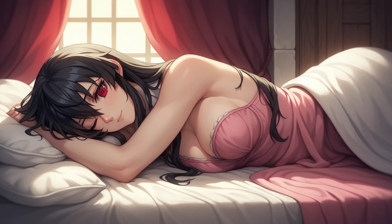 1 girl, solo,Akame from Akame ga Kill,Wearing a cute and elegant pajama set,Long black hair flowing gently,Red eyes with a soft gaze,Hair partially covering one eye,Calm, peaceful expression,Lying on a soft bed with blankets,Dim, warm lighting creating a cozy atmosphere,Anime style, with a soft focus background,Light pastel color palette,Gentle shadows and highlights enhancing the soft, cozy vibe